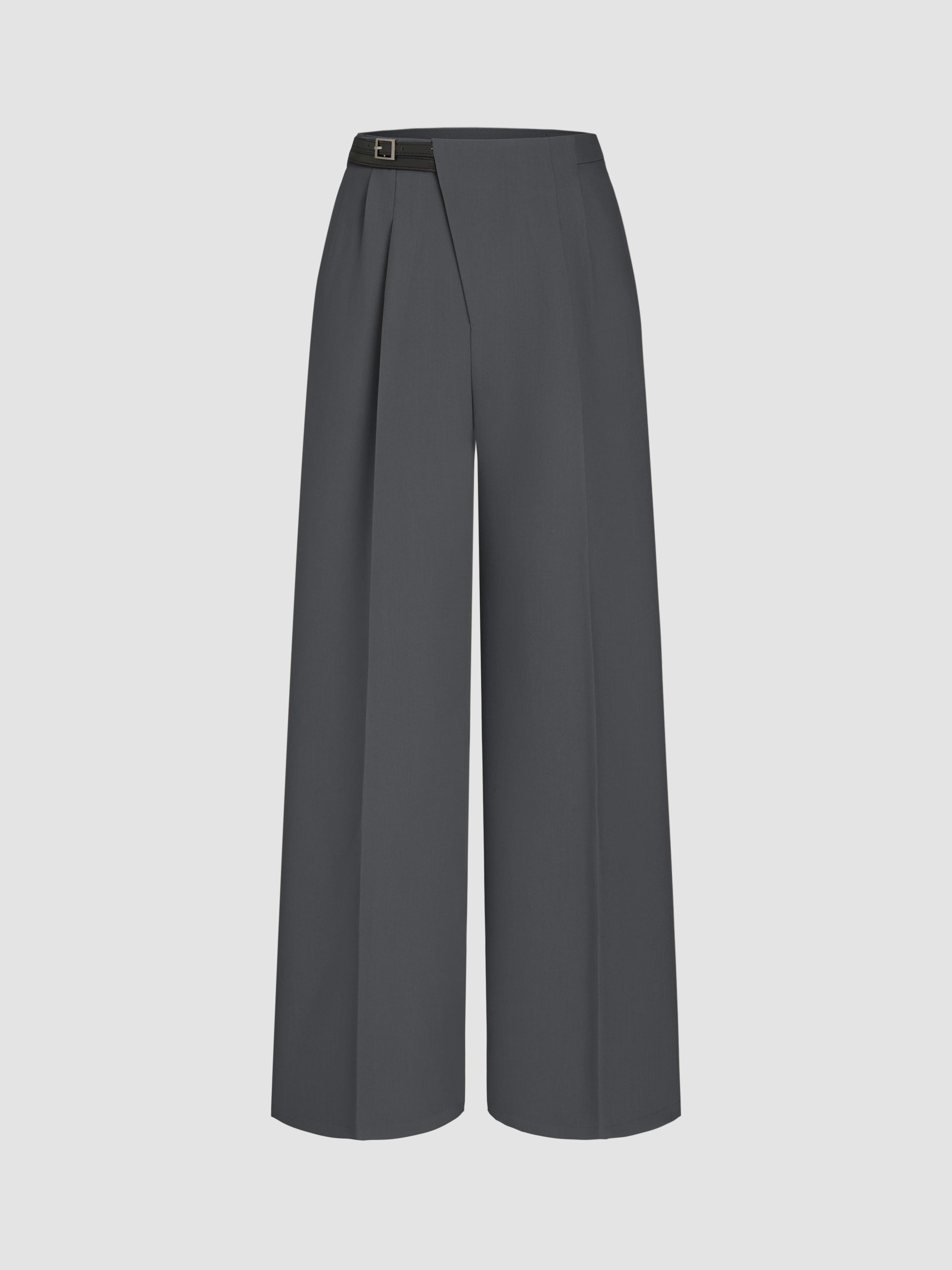 Petite Mid Rise Solid Belted Straight Leg Trousers by CIDER