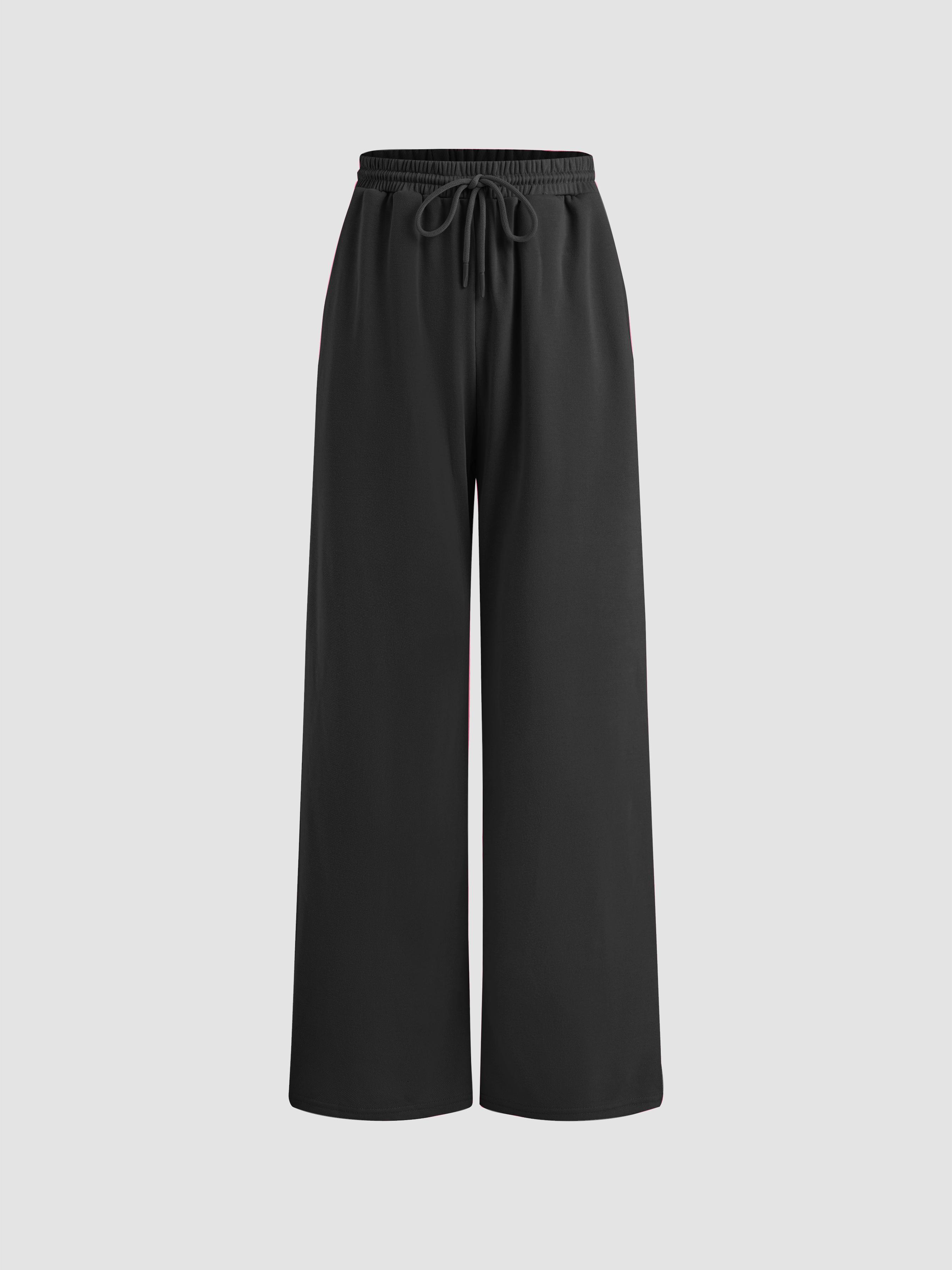 Petite Mid Rise Solid Drawstring Pocket Wide Leg Trousers by CIDER