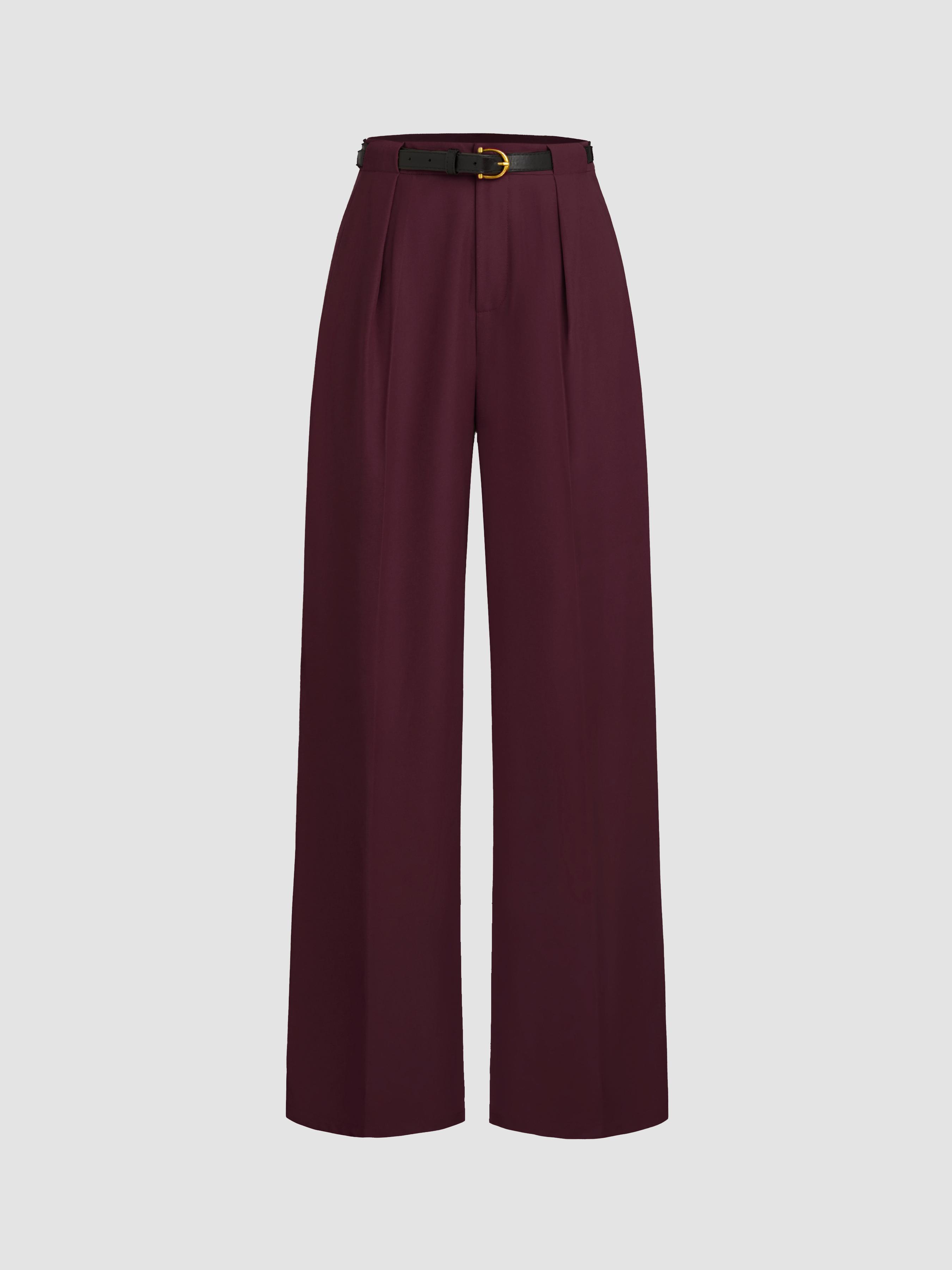 Petite Mid Rise Solid Straight Leg Trousers With Belt by CIDER