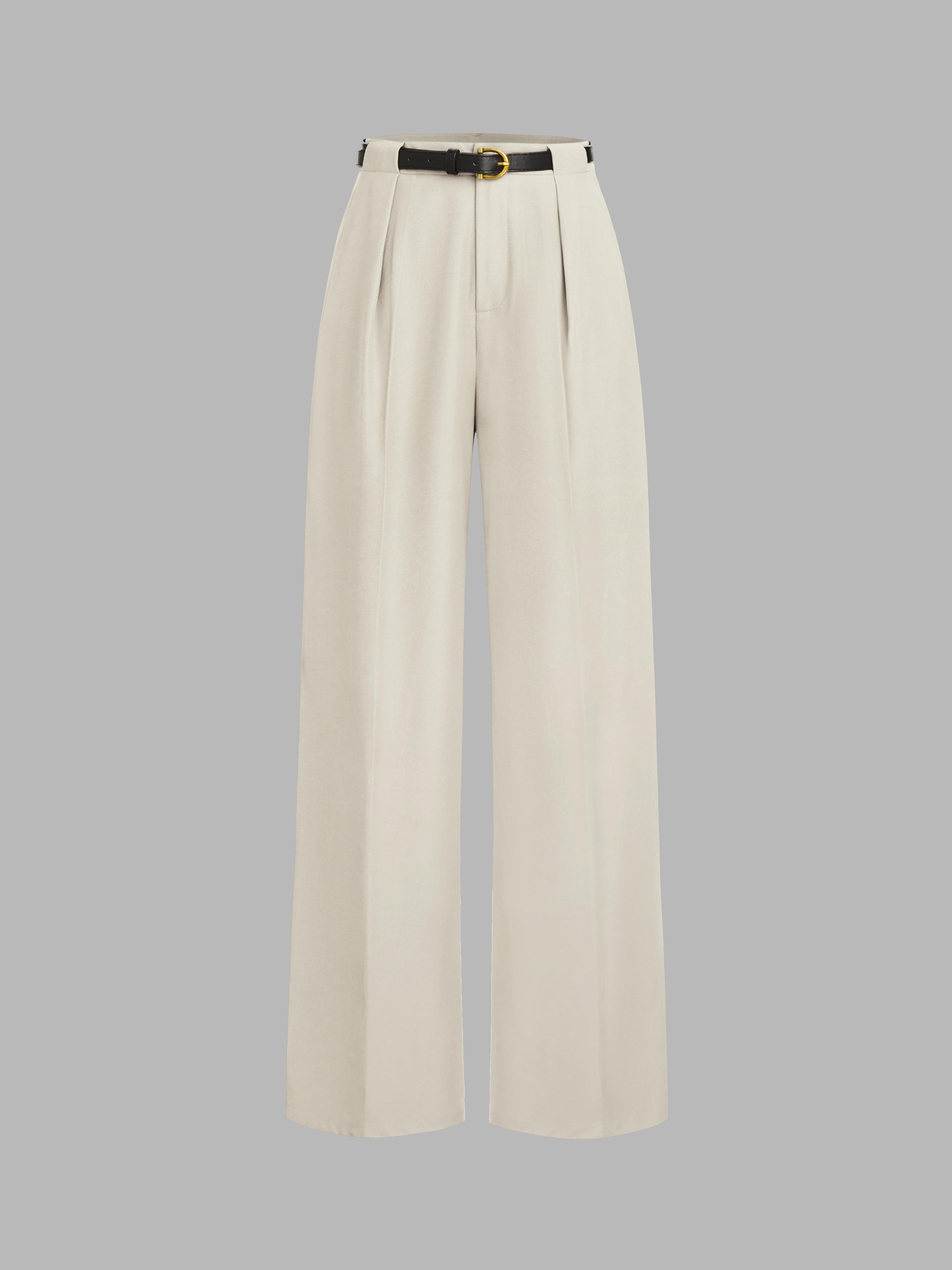 Petite Mid Rise Solid Straight Leg Trousers With Belt by CIDER