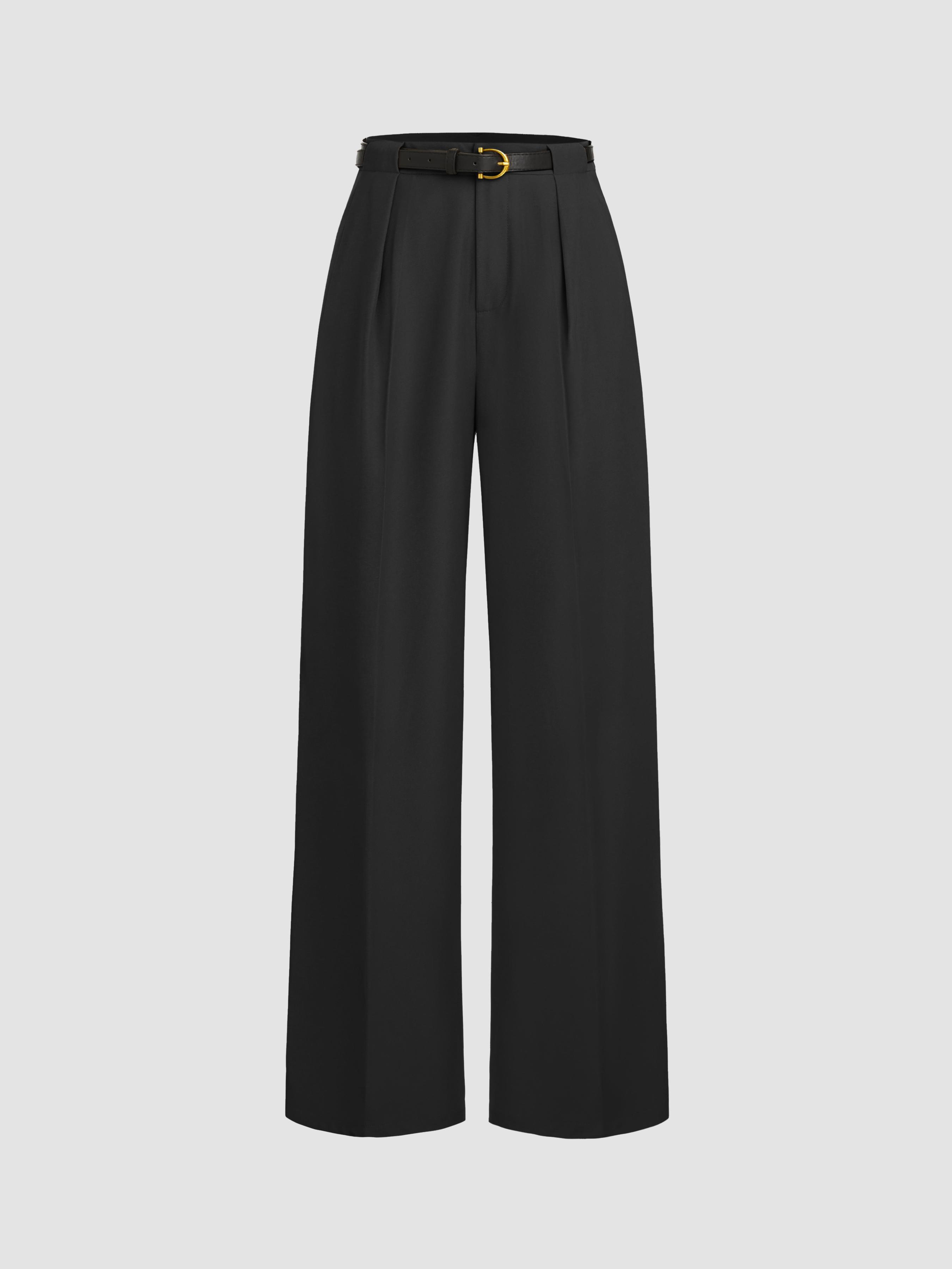 Petite Mid Rise Solid Straight Leg Trousers With Belt by CIDER