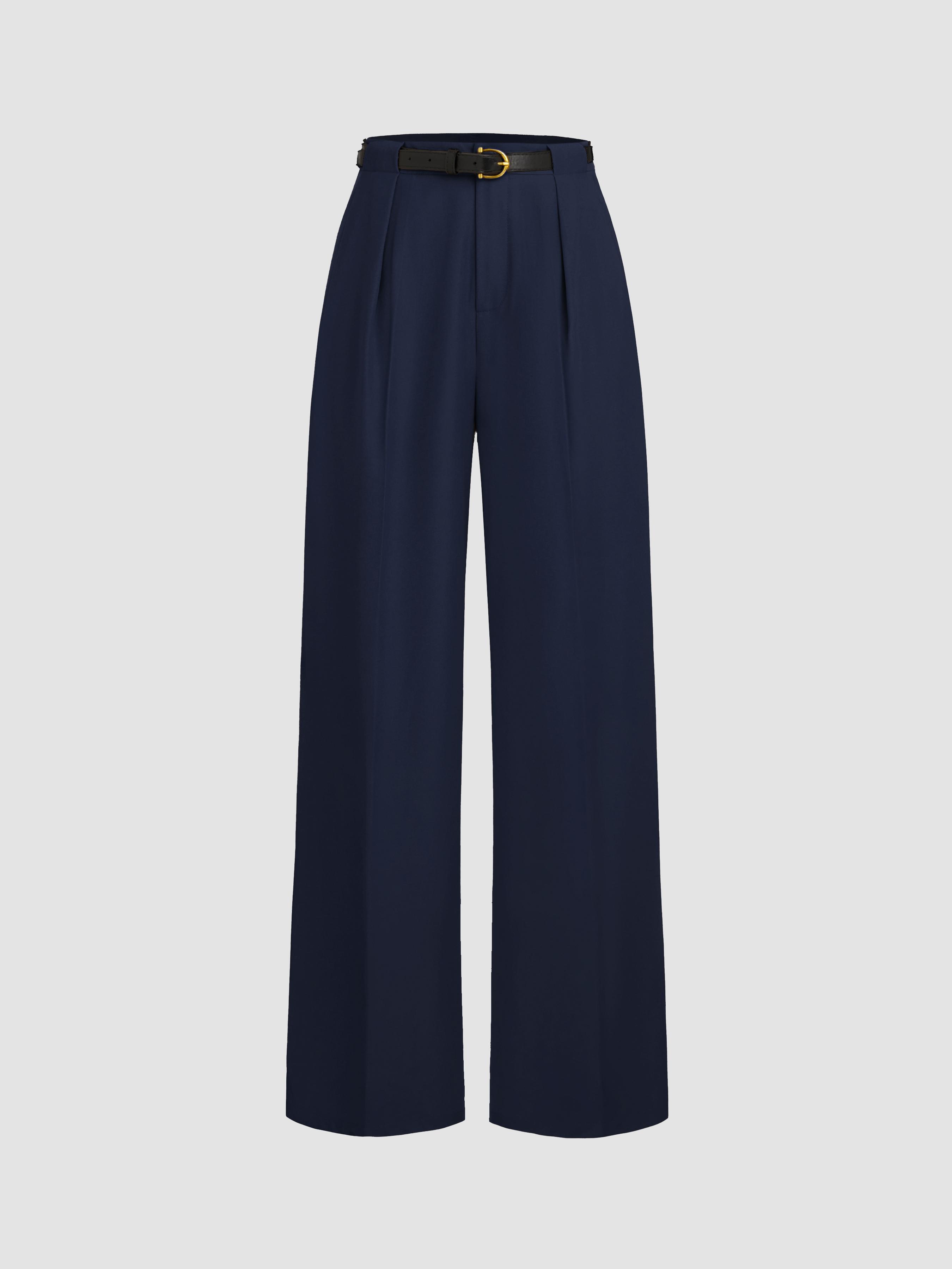 Petite Mid Rise Solid Straight Leg Trousers With Belt by CIDER