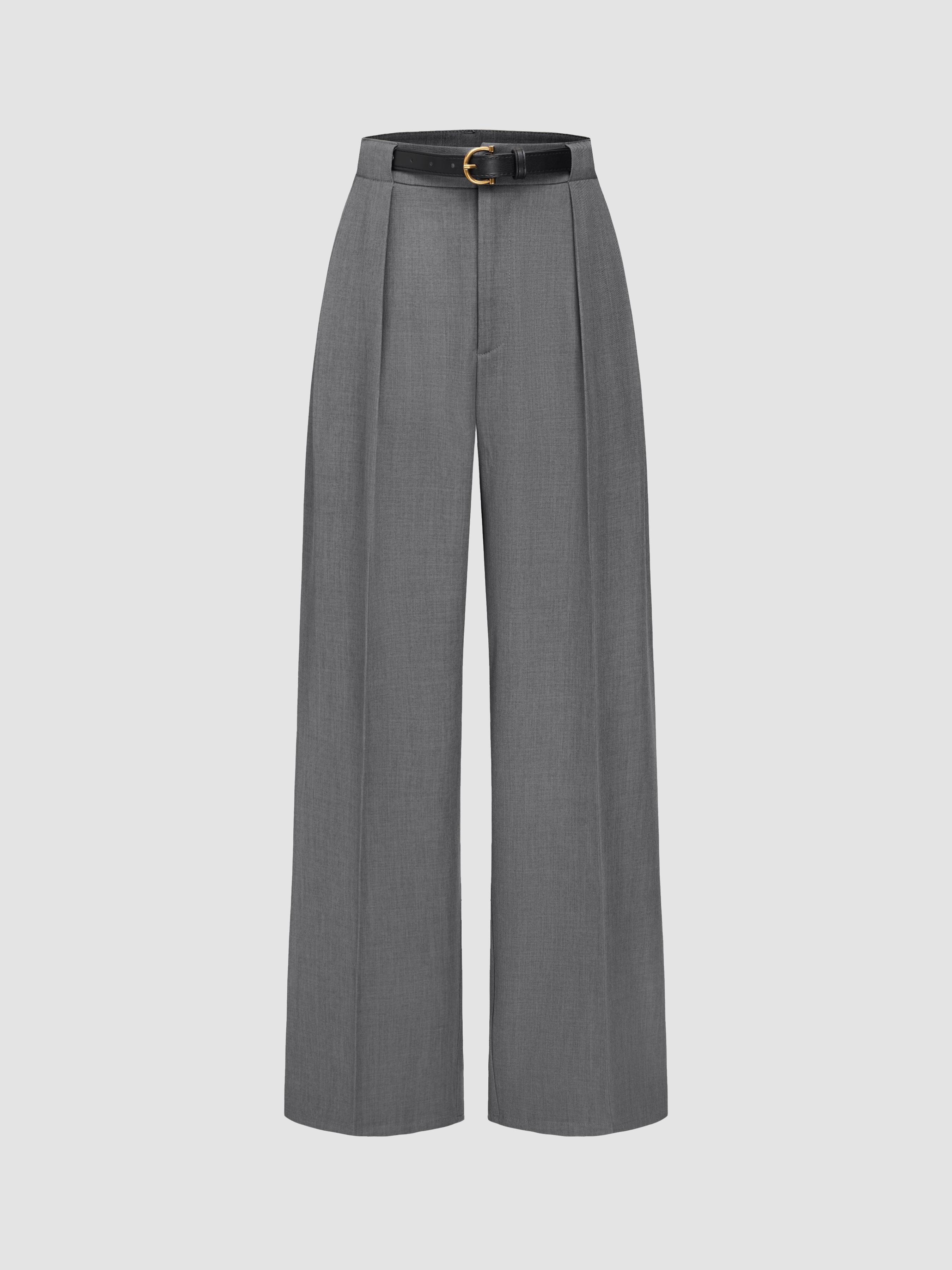 Petite Mid Rise Solid Straight Leg Trousers With Belt by CIDER