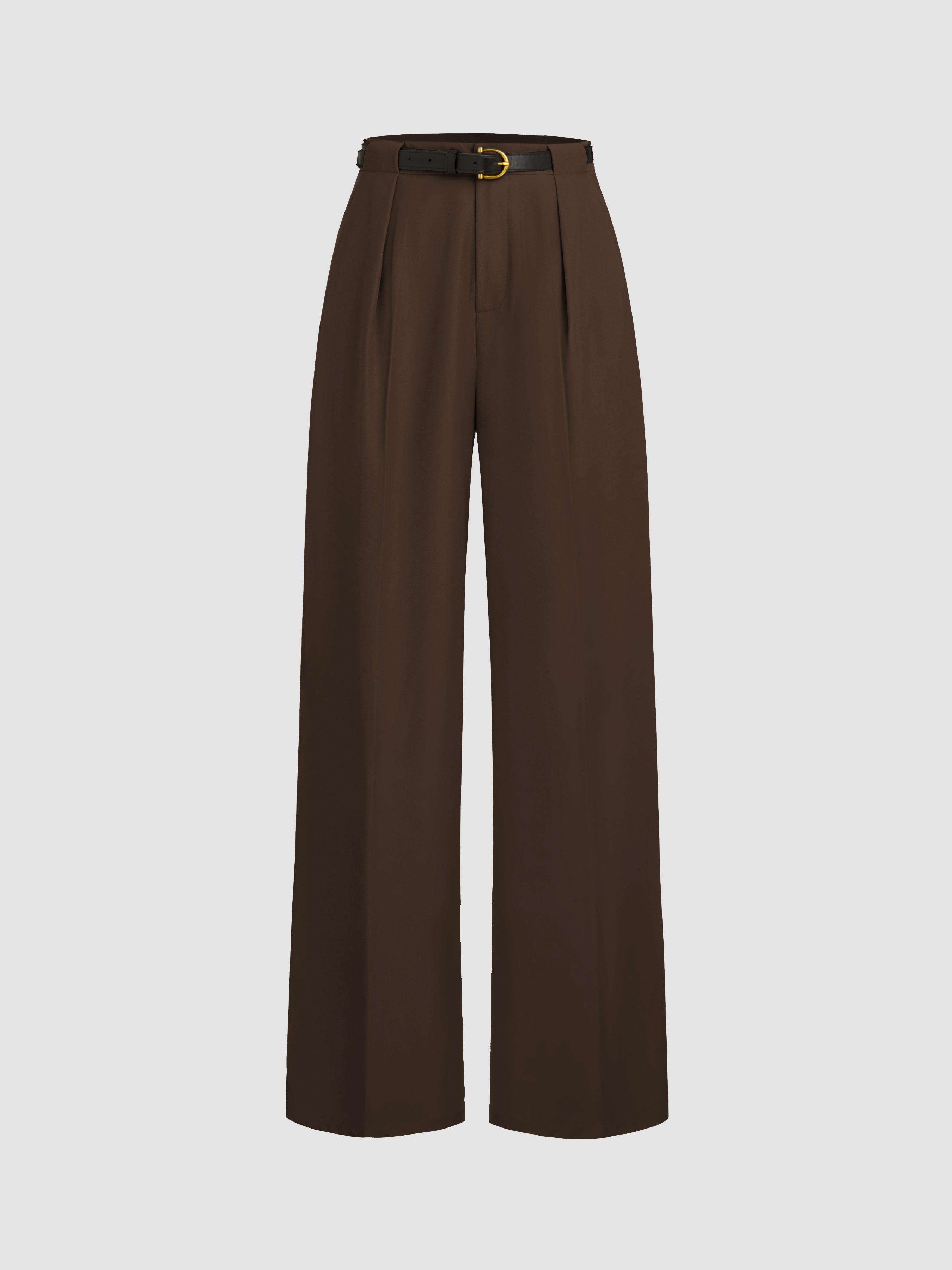 Petite Mid Rise Solid Straight Leg Trousers With Belt by CIDER