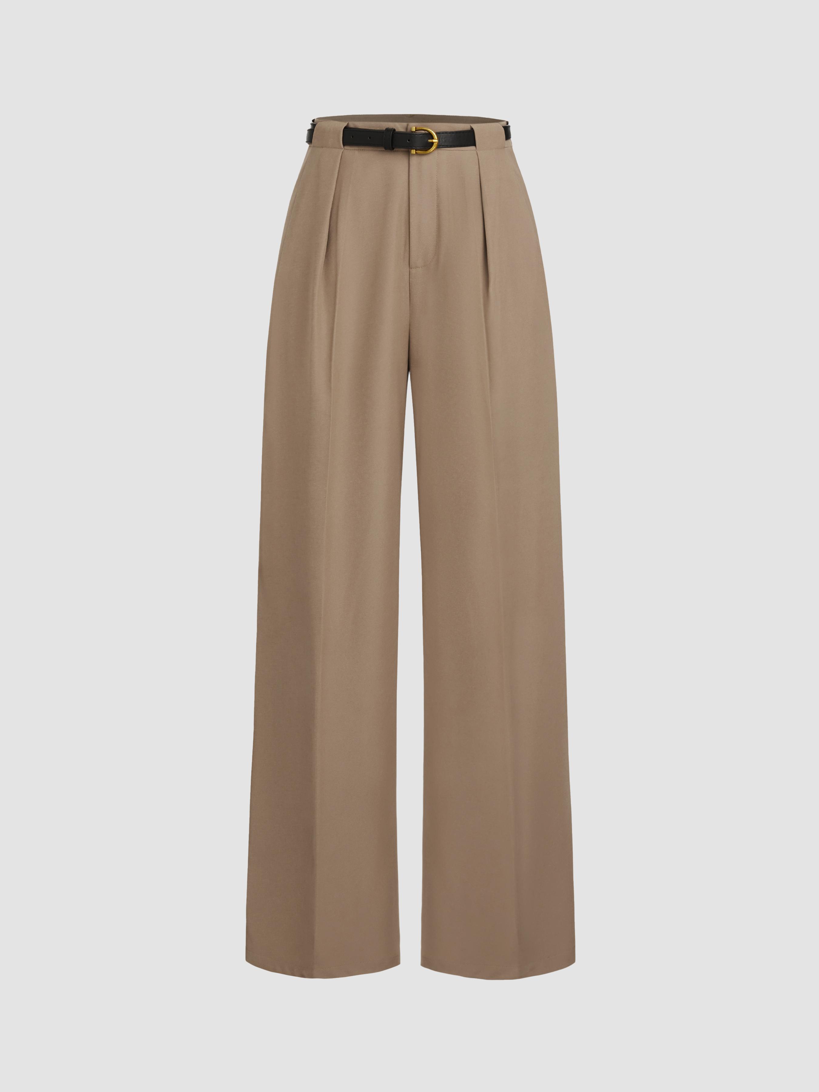 Petite Mid Rise Solid Straight Leg Trousers With Belt by CIDER