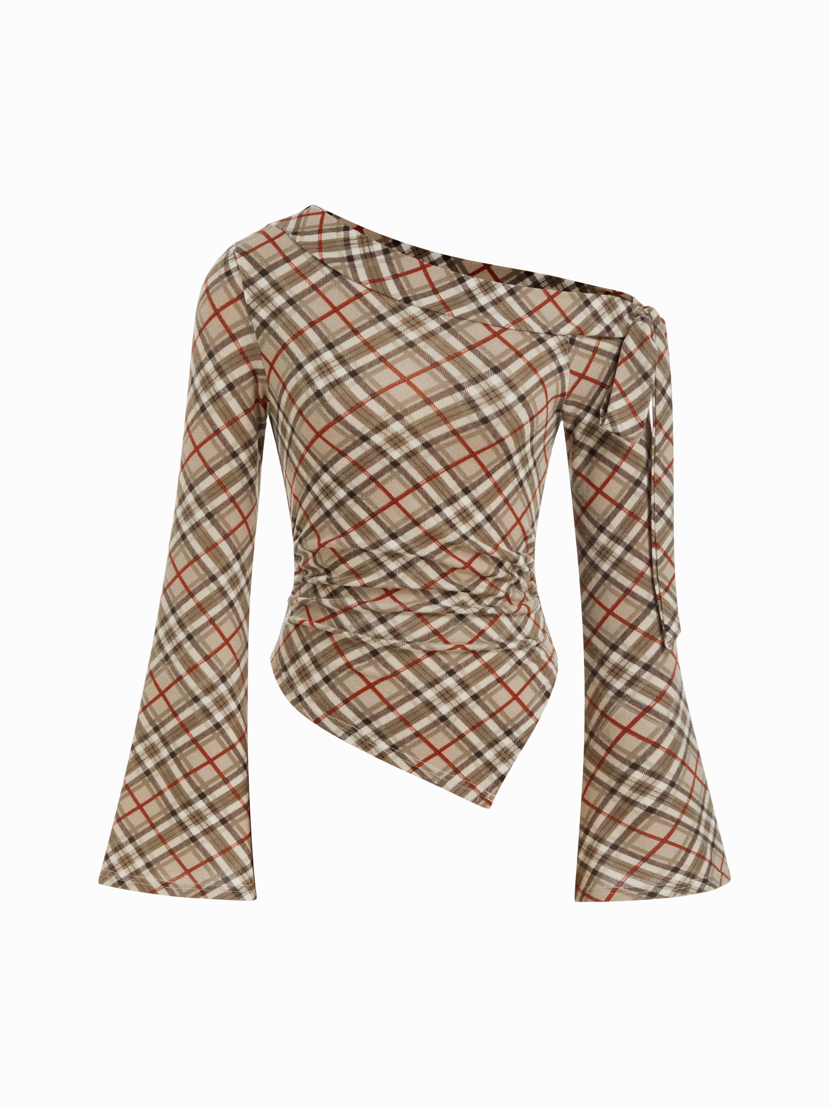 Plaid Asymmetrical Neck Bell Sleeve Twist Knotted Crop Top by CIDER
