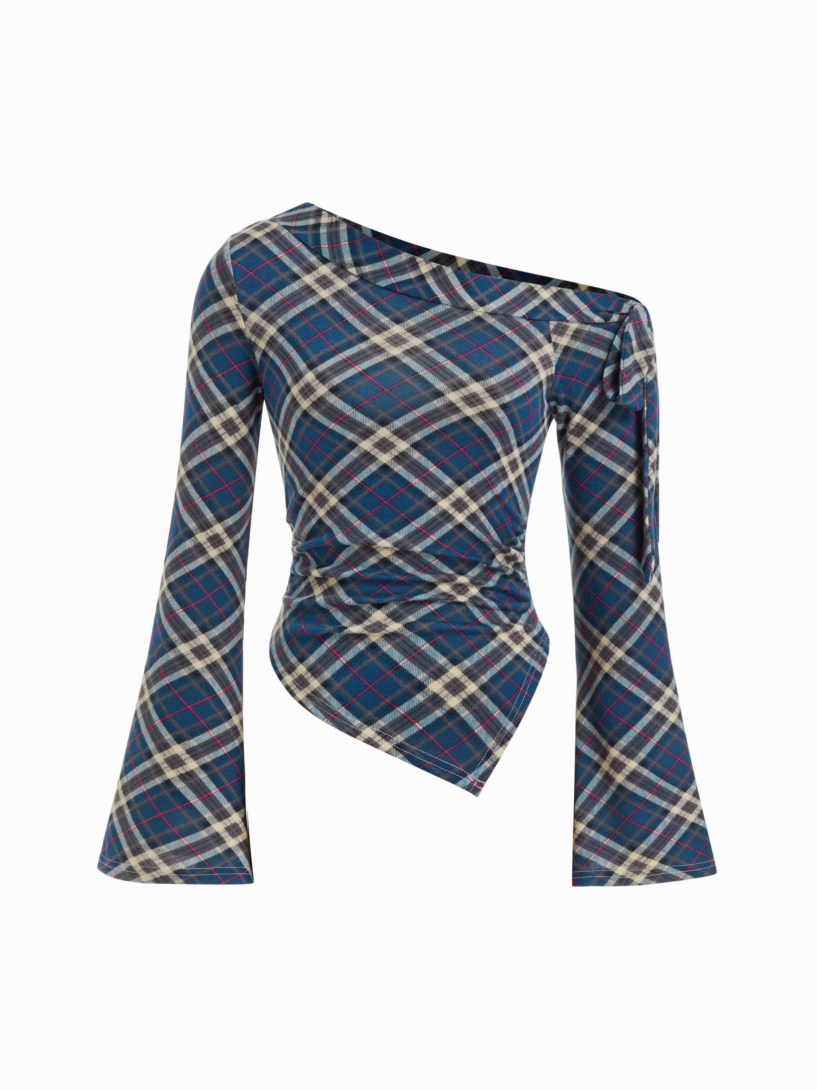 Plaid Asymmetrical Neck Bell Sleeve Twist Knotted Crop Top by CIDER