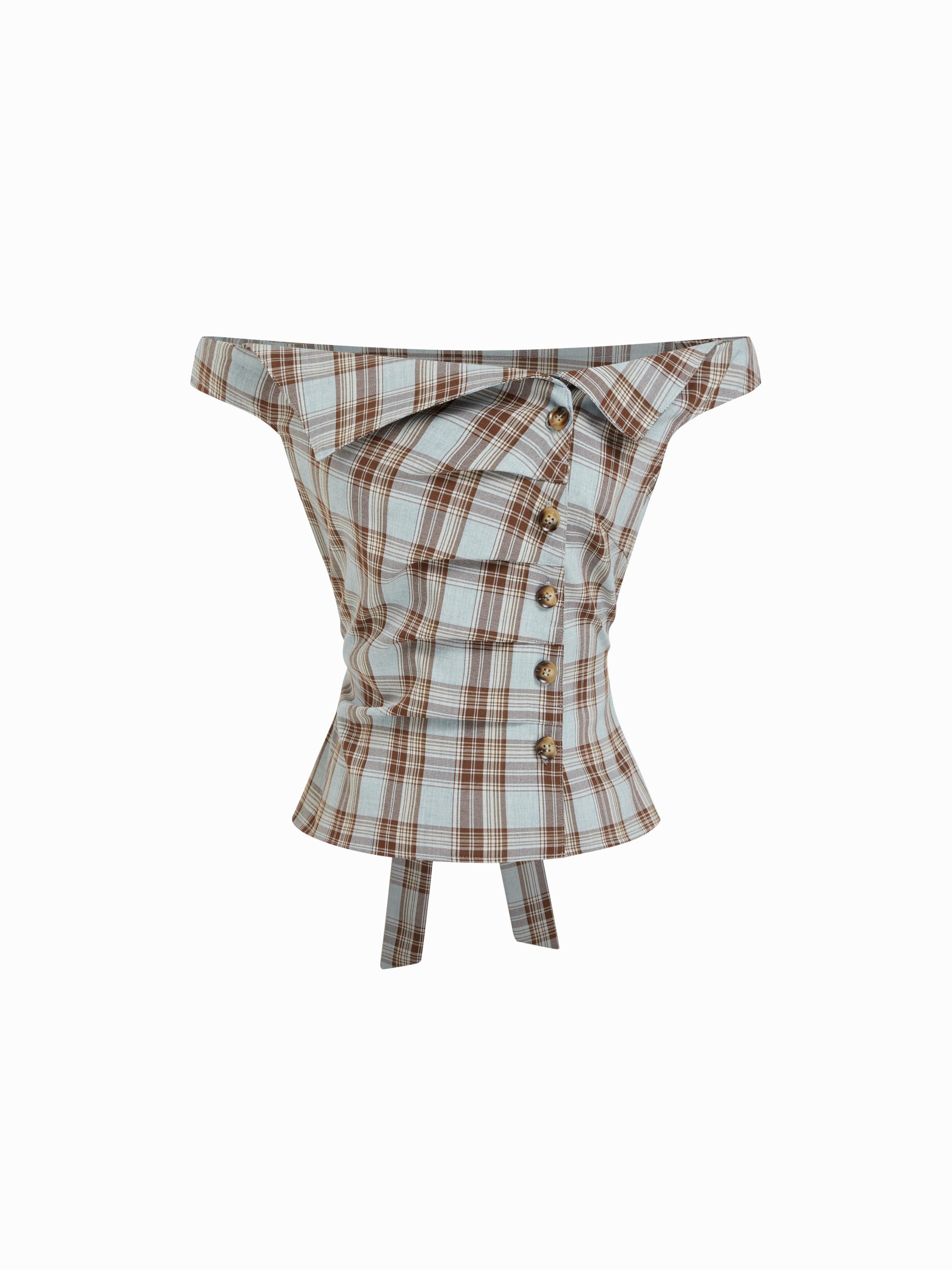 Plaid Asymmetrical Neck Ruched Short Sleeve Blouse by CIDER