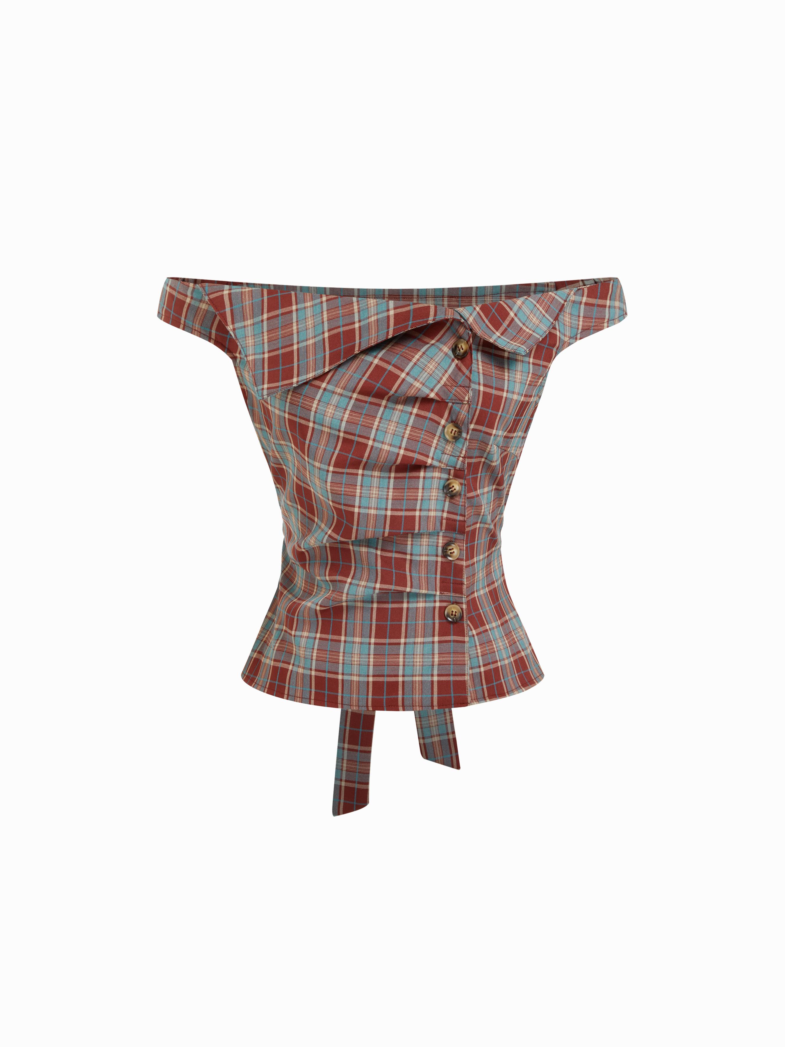 Plaid Asymmetrical Neck Ruched Short Sleeve Blouse by CIDER