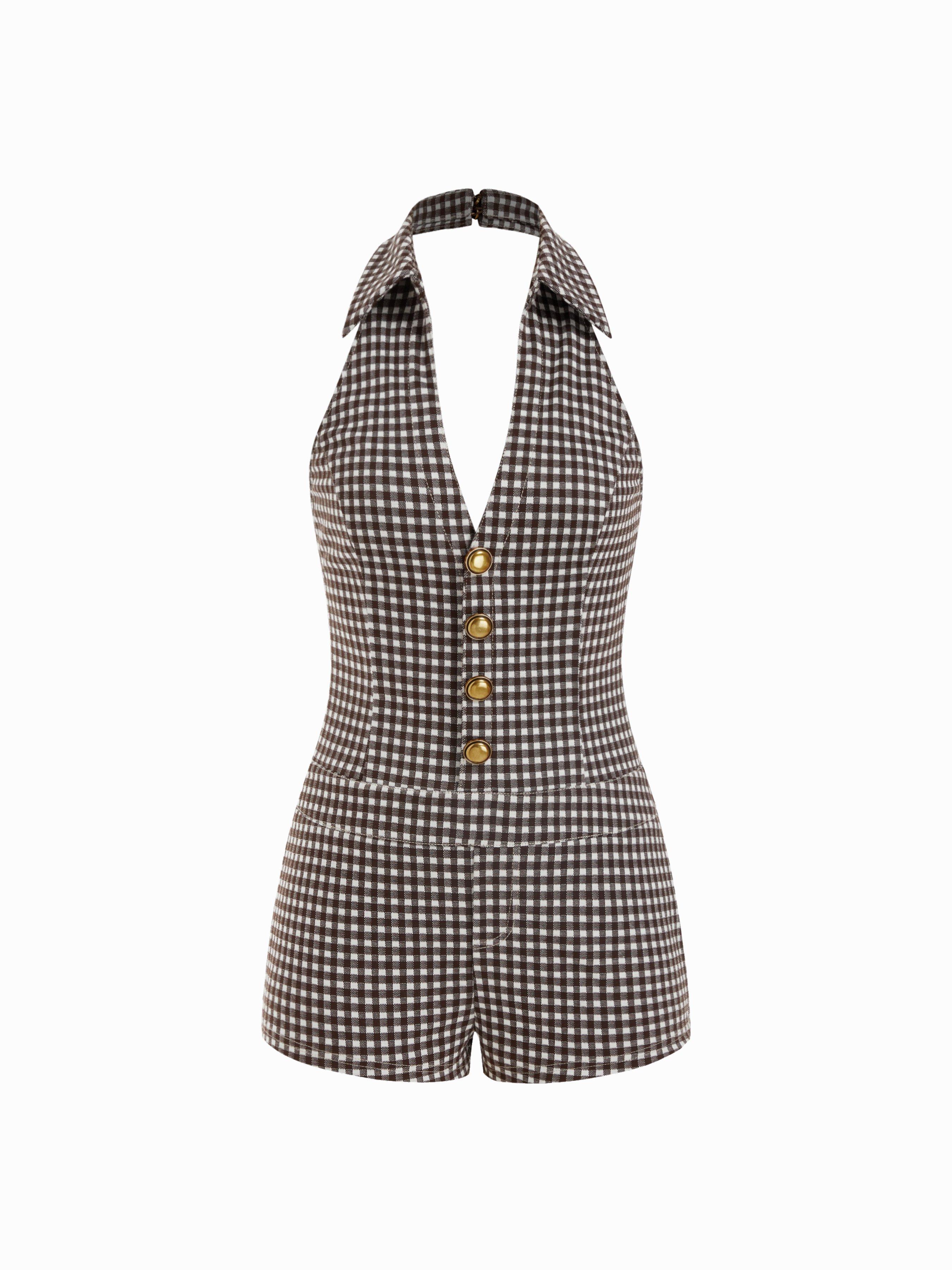 Plaid Button Decor Halter Neck Romper by CIDER