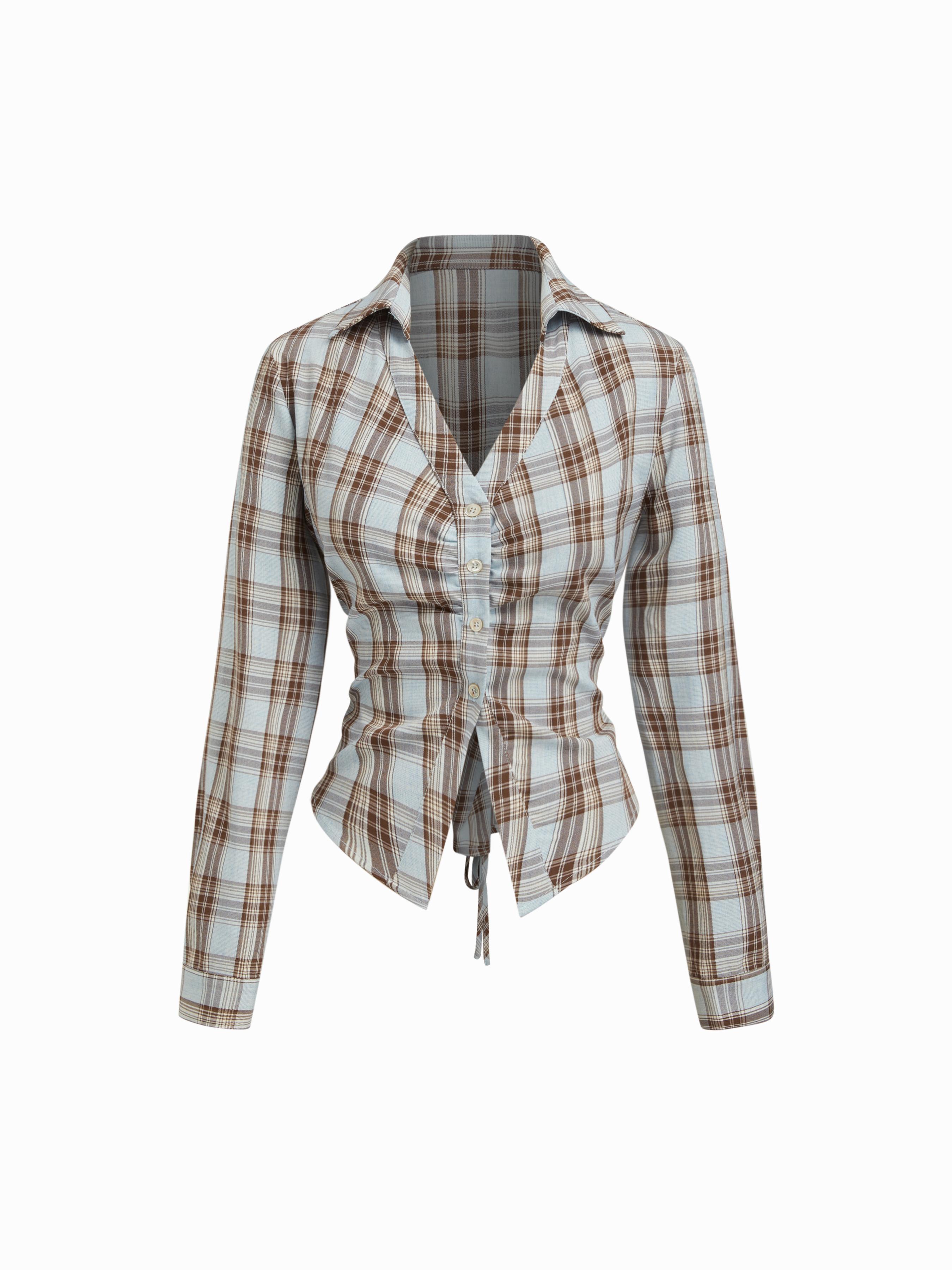 Plaid Collar V-neck Long Sleeve Ruched Lace Up Tie Back Blouse by CIDER