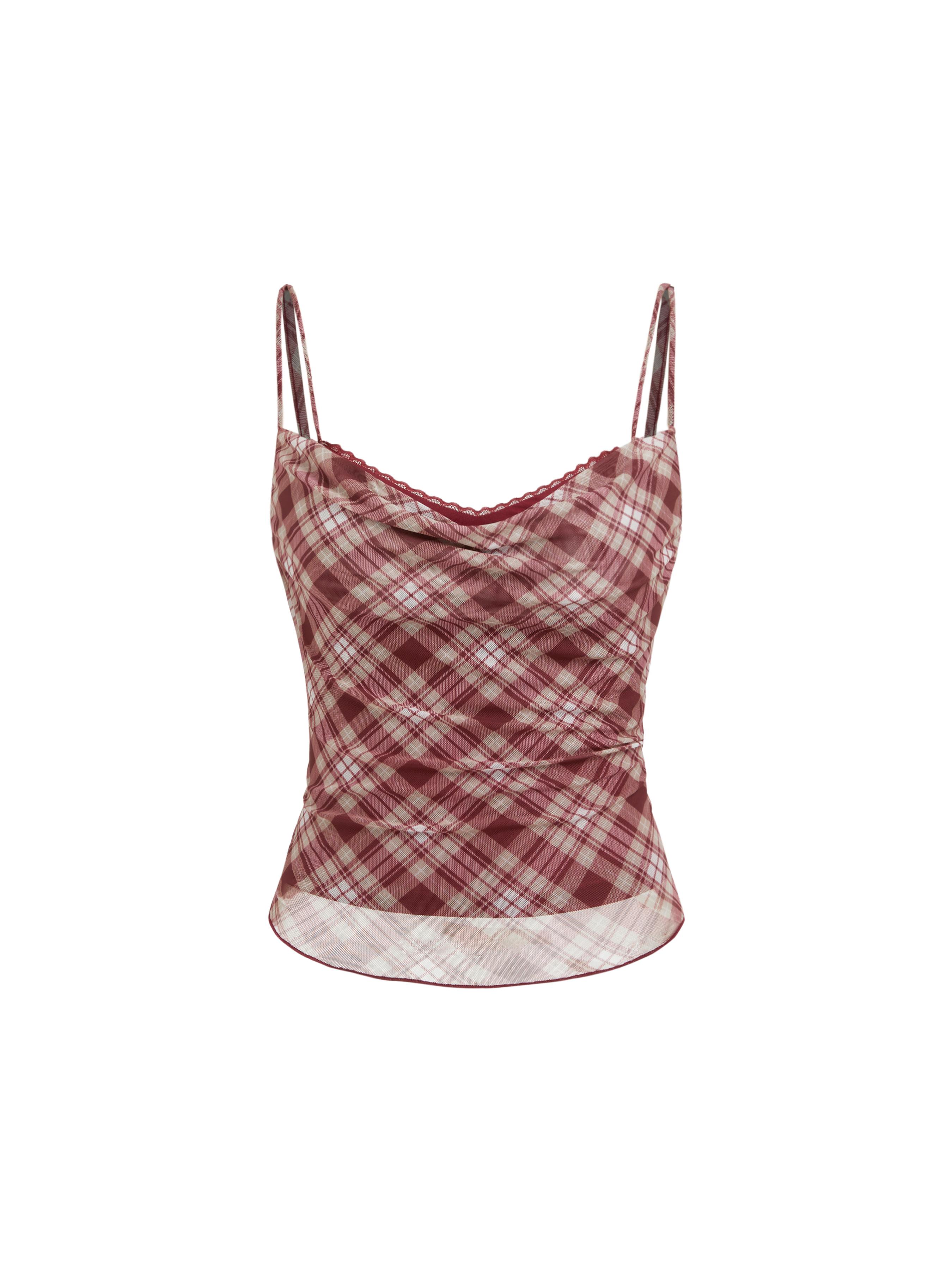 Plaid Cowl Neck Lace Trim Cami Top by CIDER