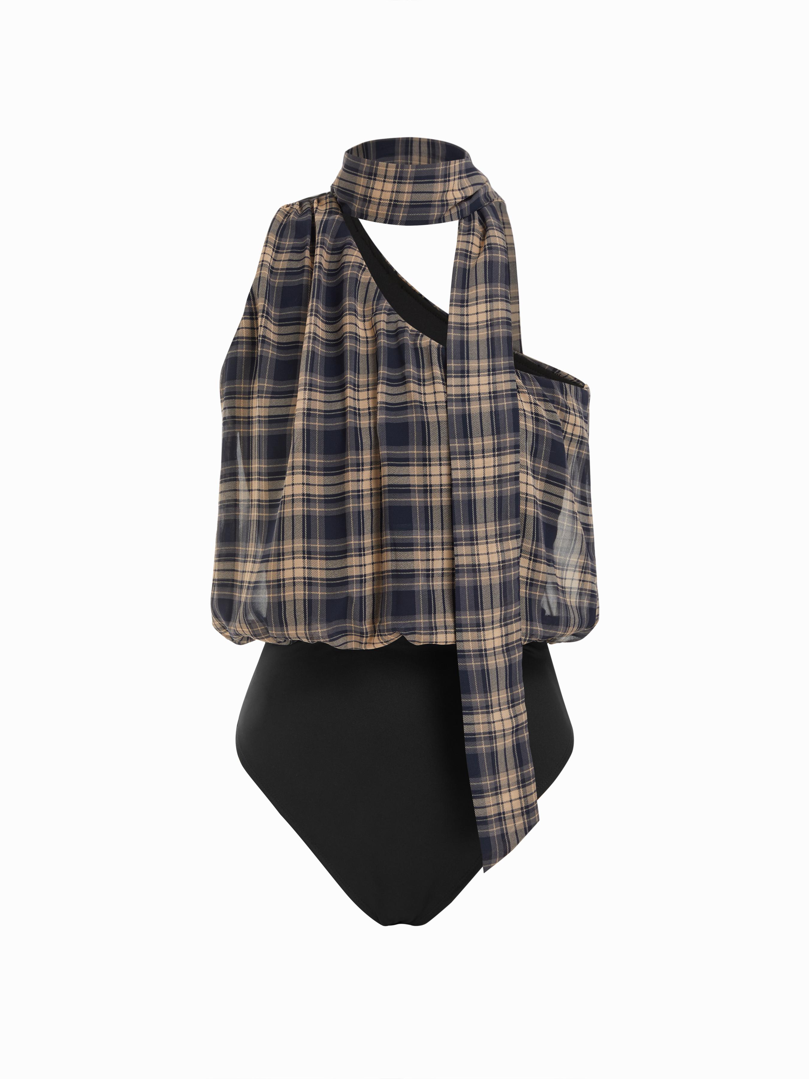 Plaid Halter Neck Asymmetrical Crop Blouse Bodysuit With Scarf by CIDER