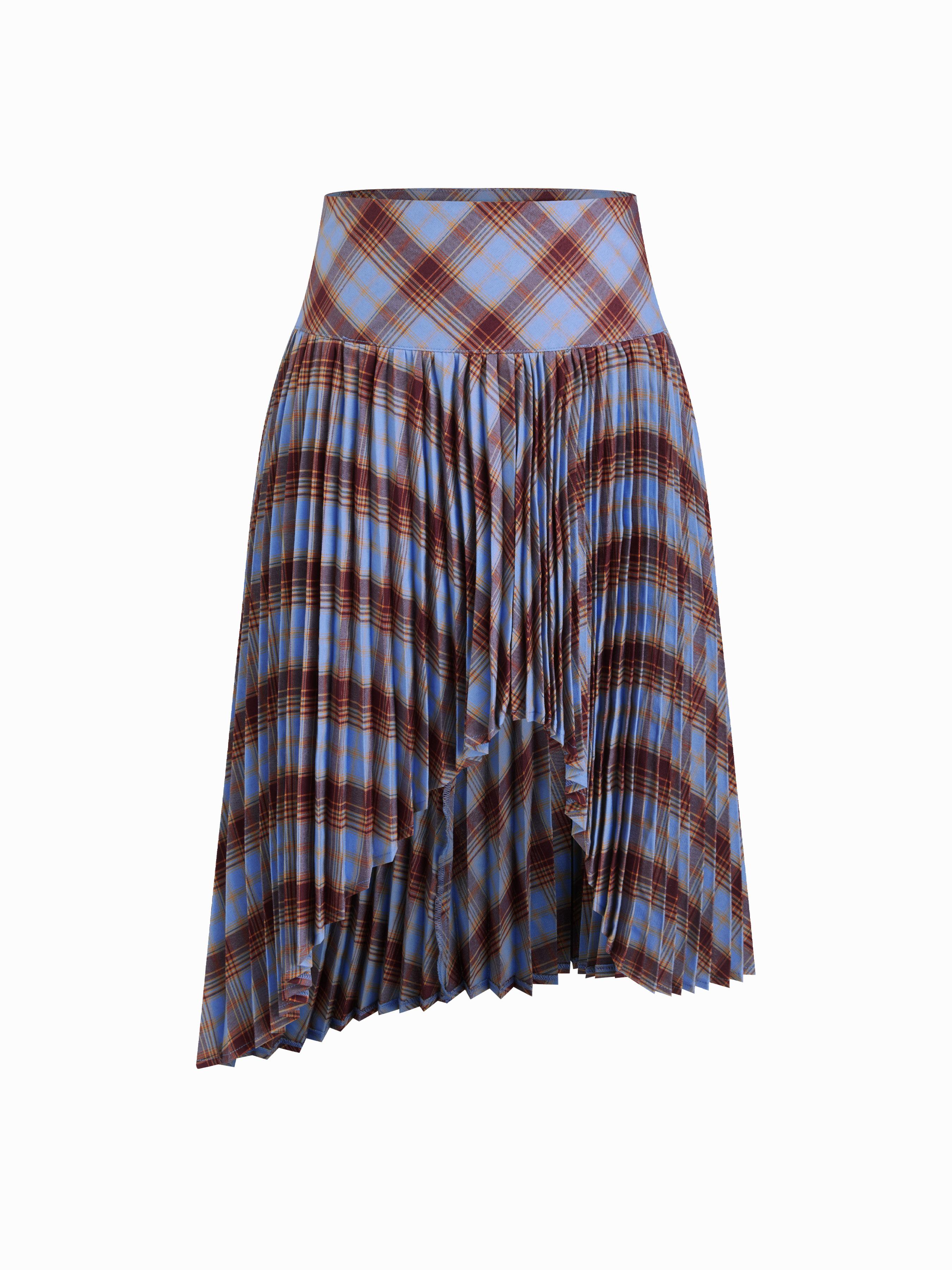Plaid Mid Rise Asymmetrical Hem Pleated Midi Skirt by CIDER