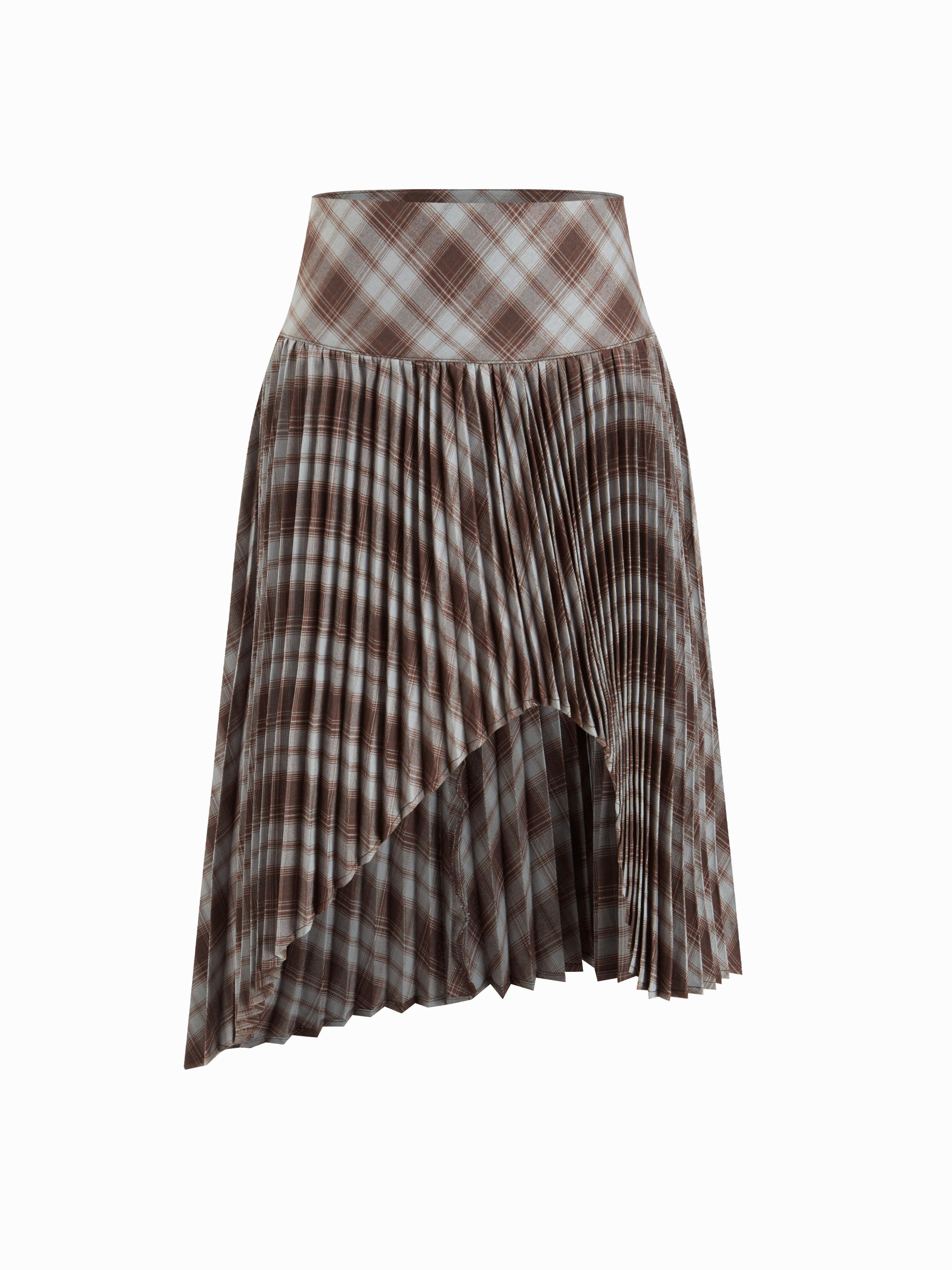 Plaid Mid Rise Asymmetrical Hem Pleated Midi Skirt by CIDER