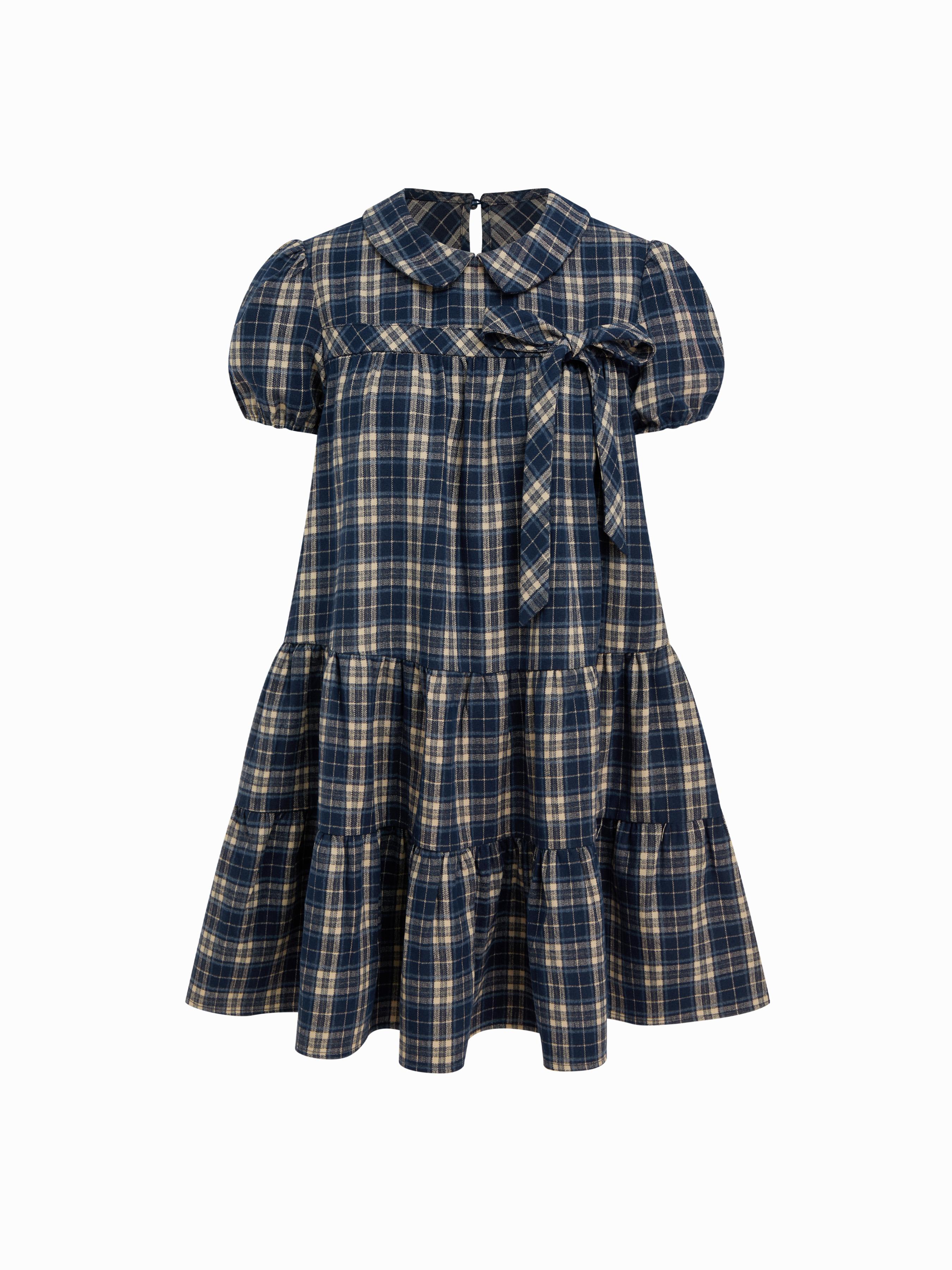 Plaid Peter Pan Collar Puff Short Sleeve Bow Knot Oversized Mini Babydoll Dress by CIDER