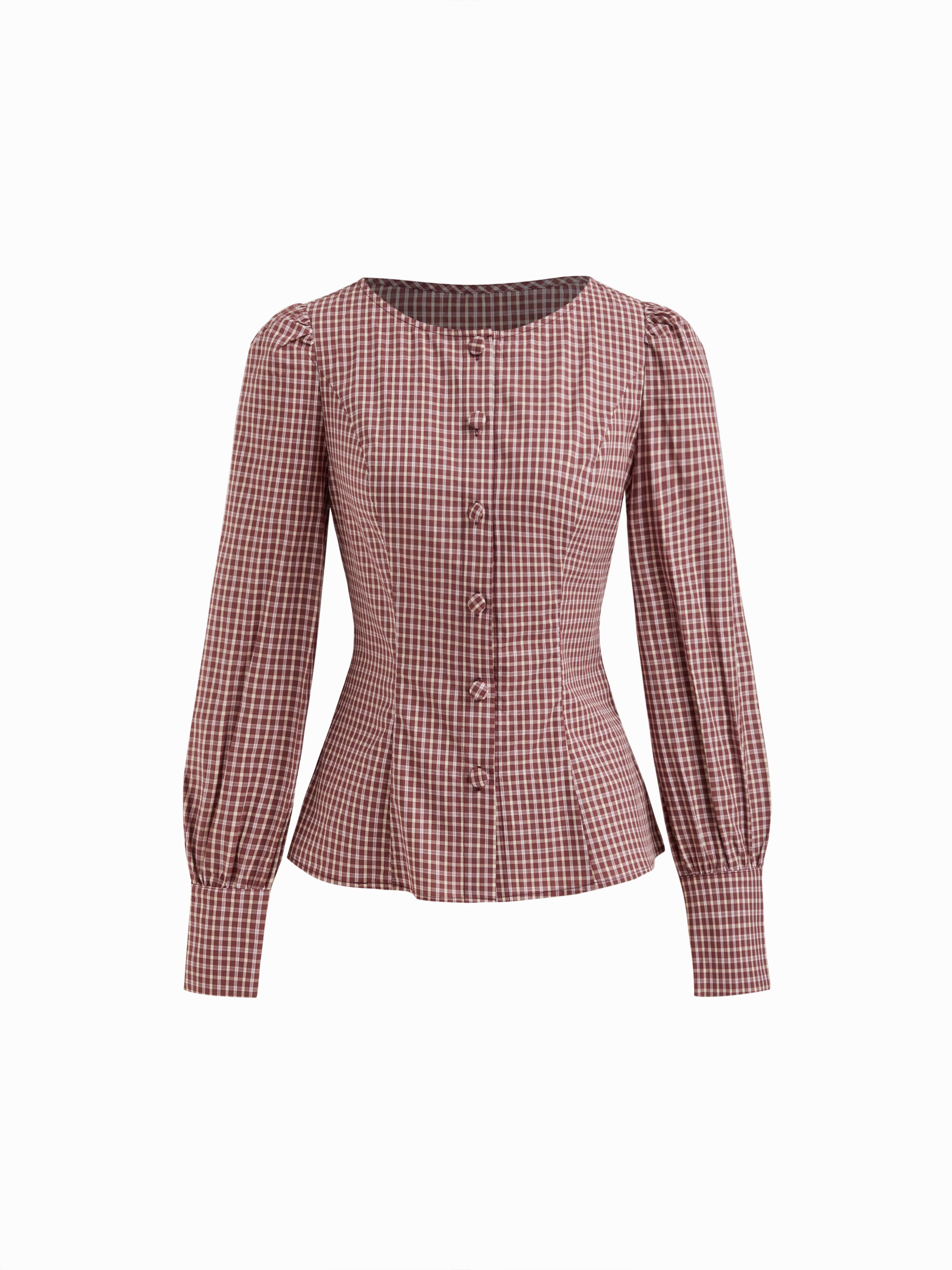 Plaid Round Neckline Long Sleeve Button Cinched Waist Blouse by CIDER