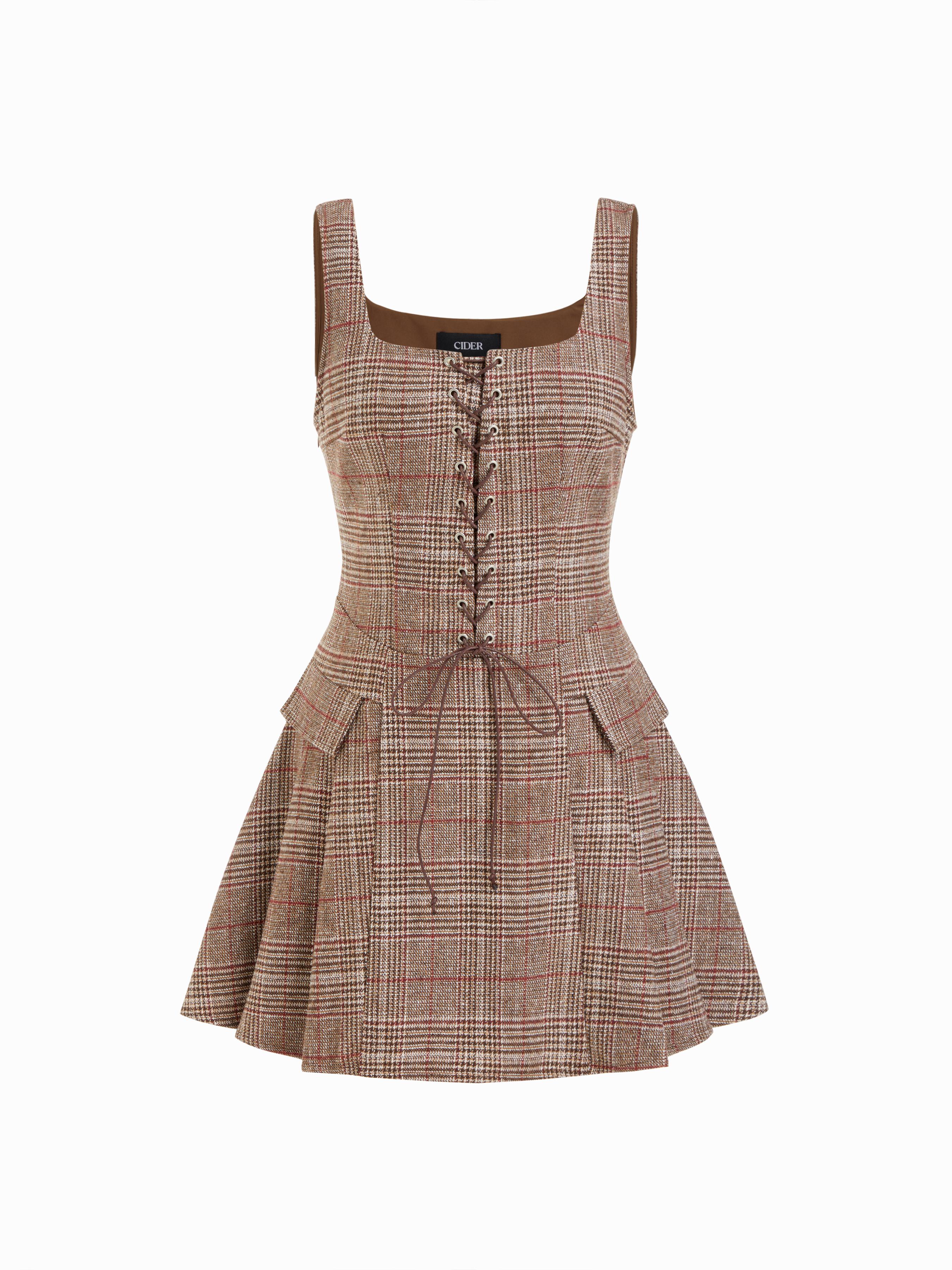 Plaid Square Neck Lace Up Pleated A-line Mini Cami Dress by CIDER