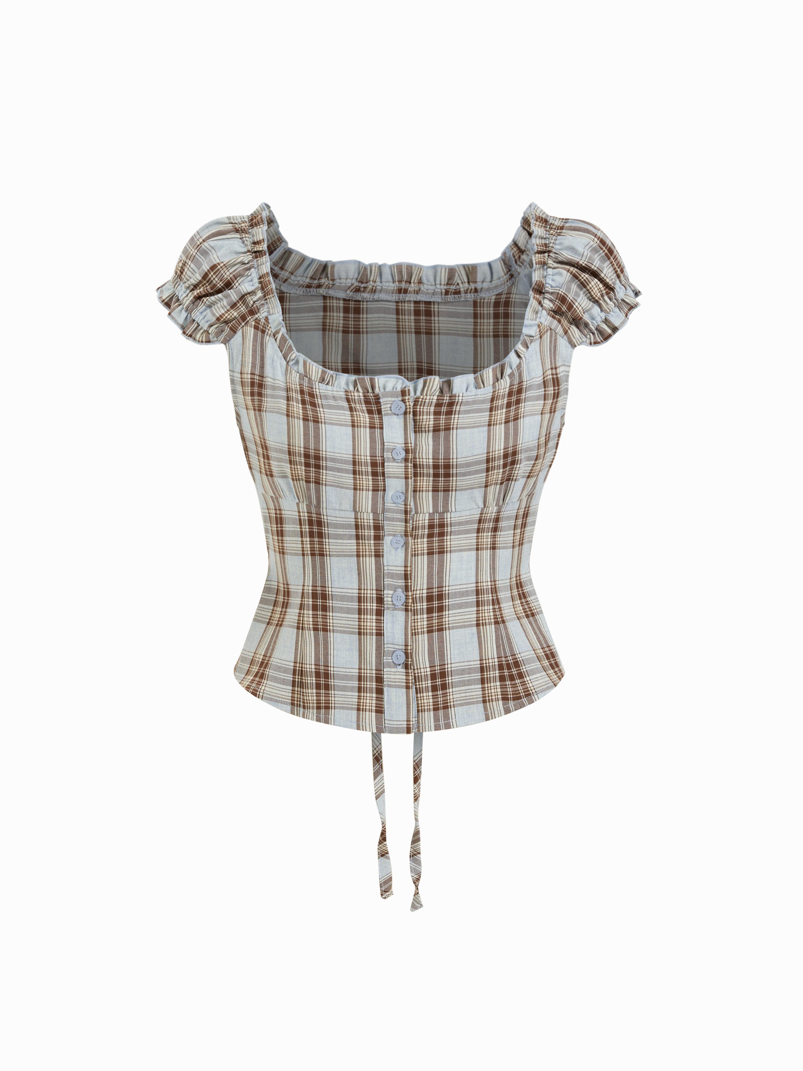 Plaid Square Neck Ruffle Sleeve Knotted Blouse by CIDER
