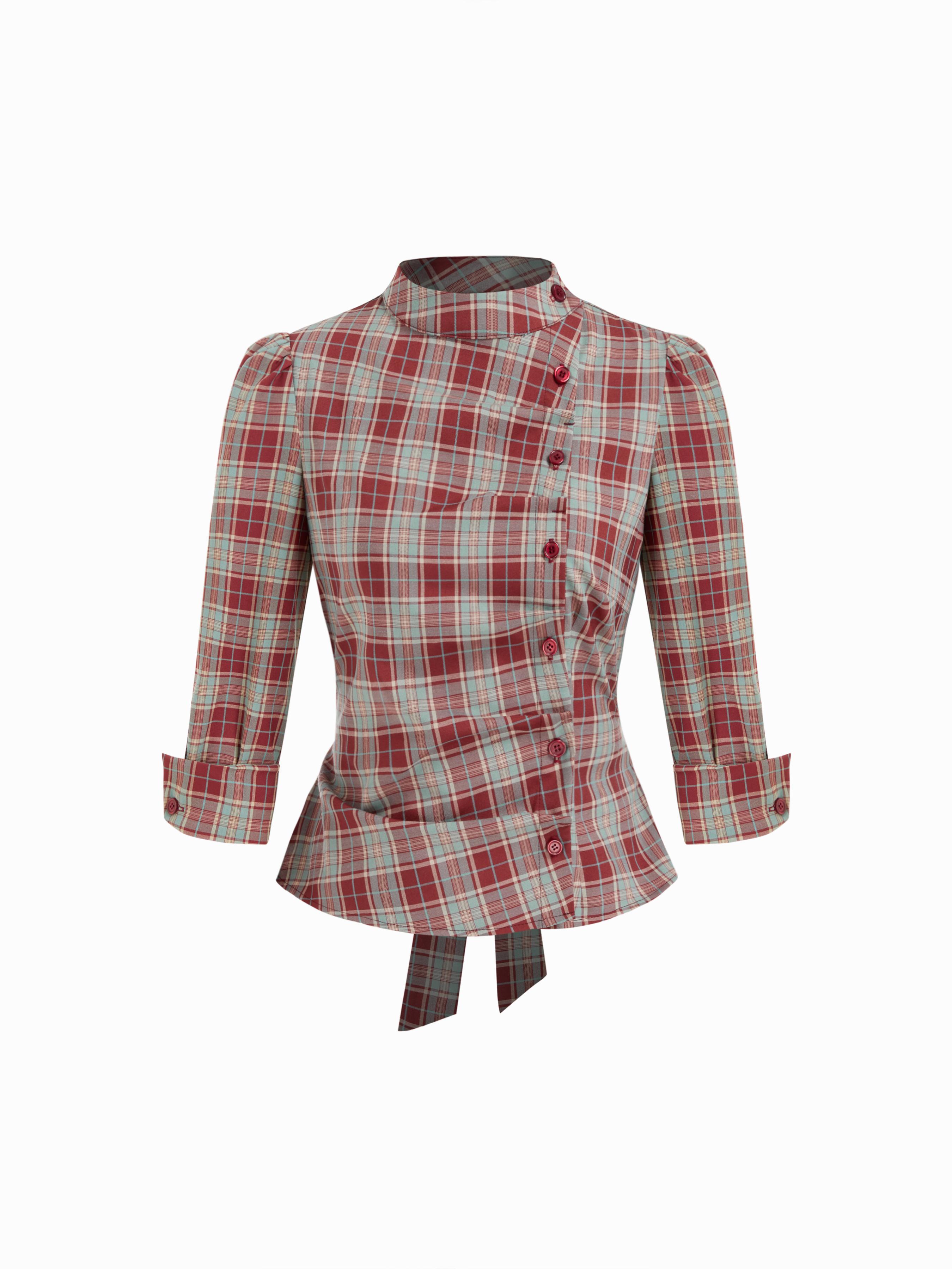 Plaid Stand Collar Asymmetrical Mid-length Sleeve Blouse by CIDER