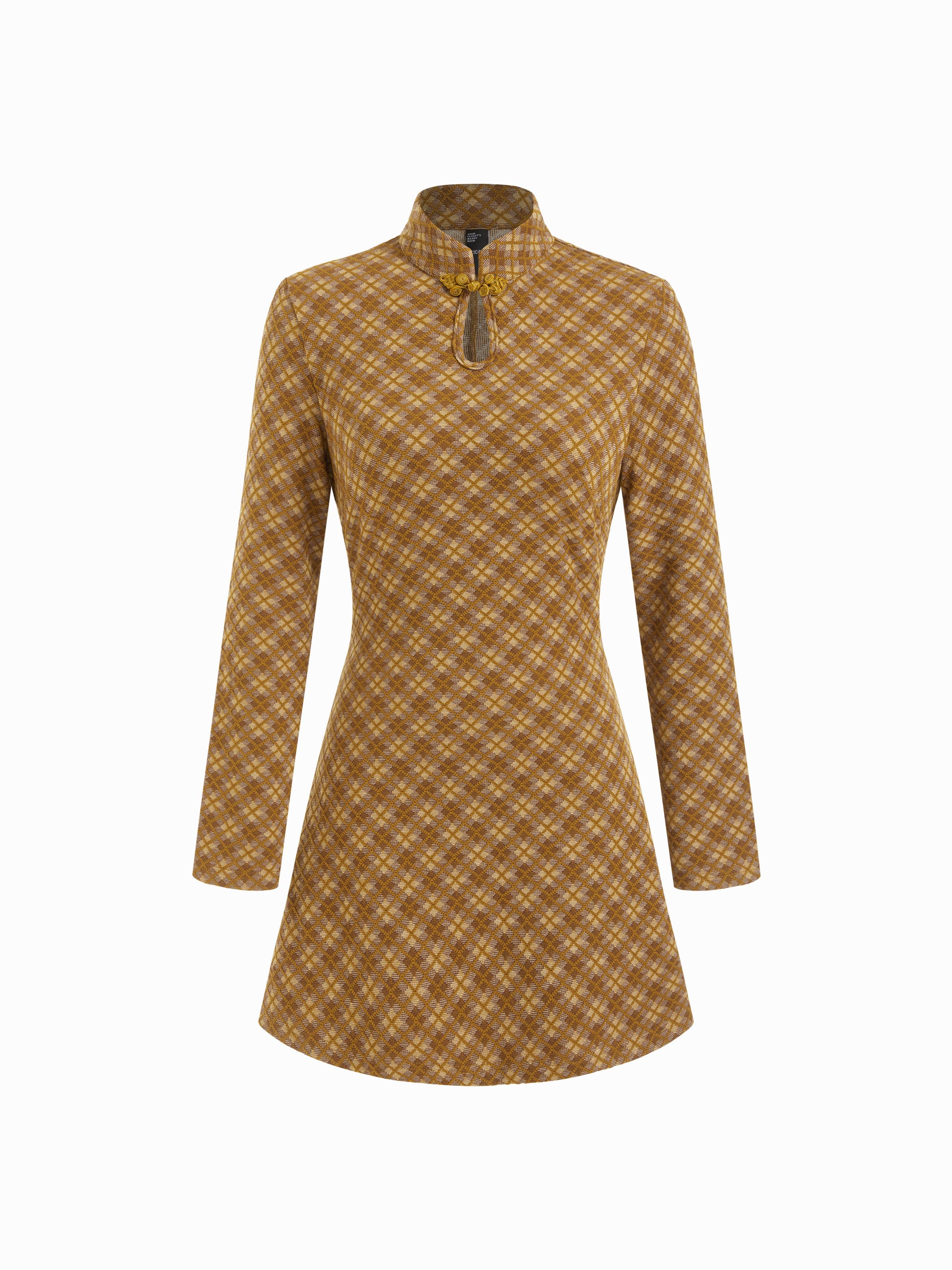 Plaid Stand Collar Long Sleeve Cut Out A-line Mini Dress by CIDER