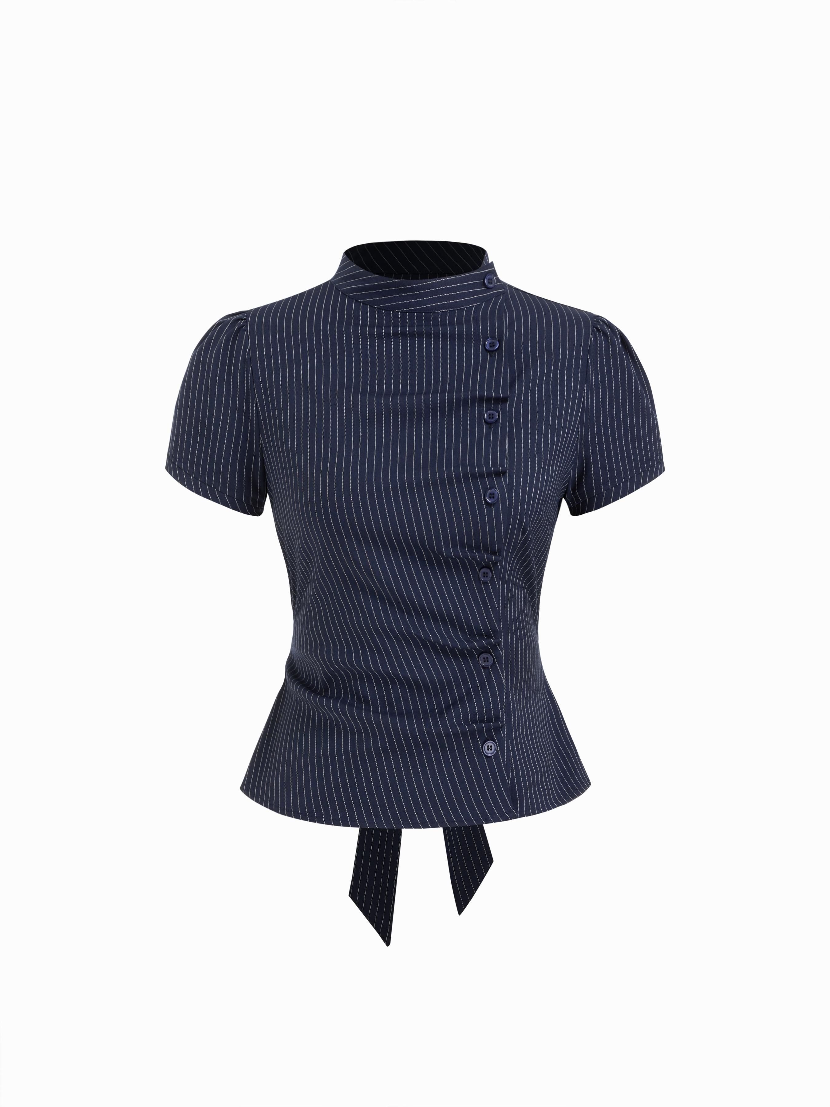 Plaid Stand Collar Puff Sleeve Tie Back Button Blouse by CIDER