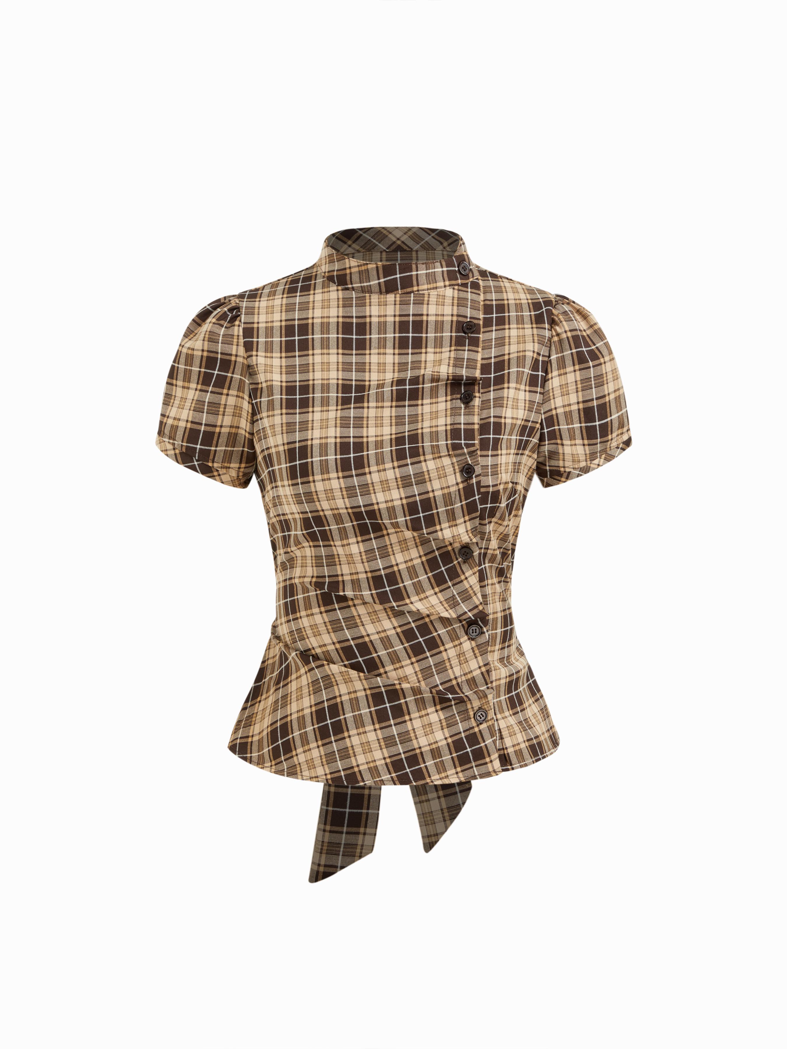 Plaid Stand Collar Puff Sleeve Tie Back Button Blouse by CIDER