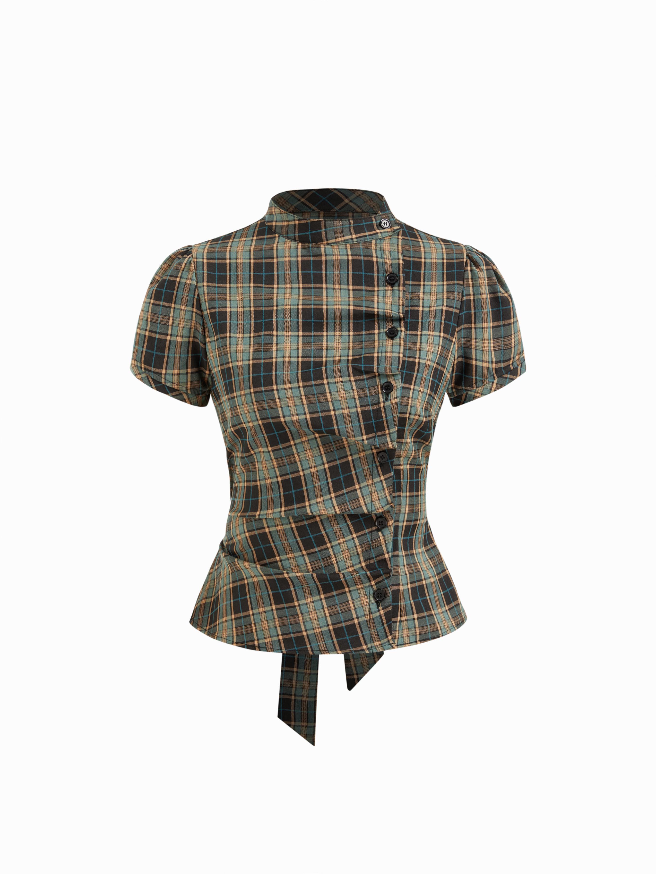 Plaid Stand Collar Puff Sleeve Tie Back Button Blouse by CIDER