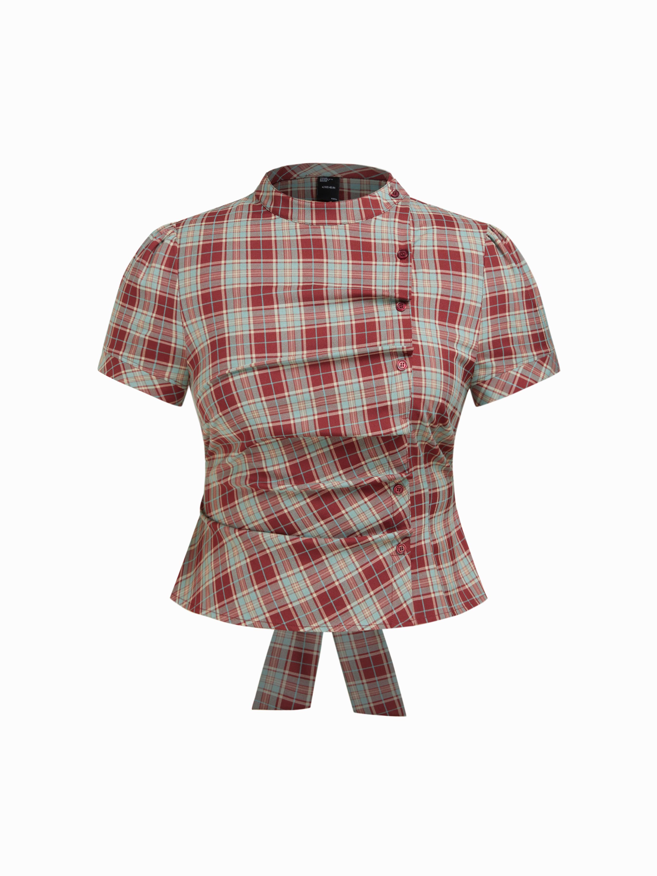 Plaid Stand Collar Puff Sleeve Tie Back Button Blouse Curve & Plus by CIDER