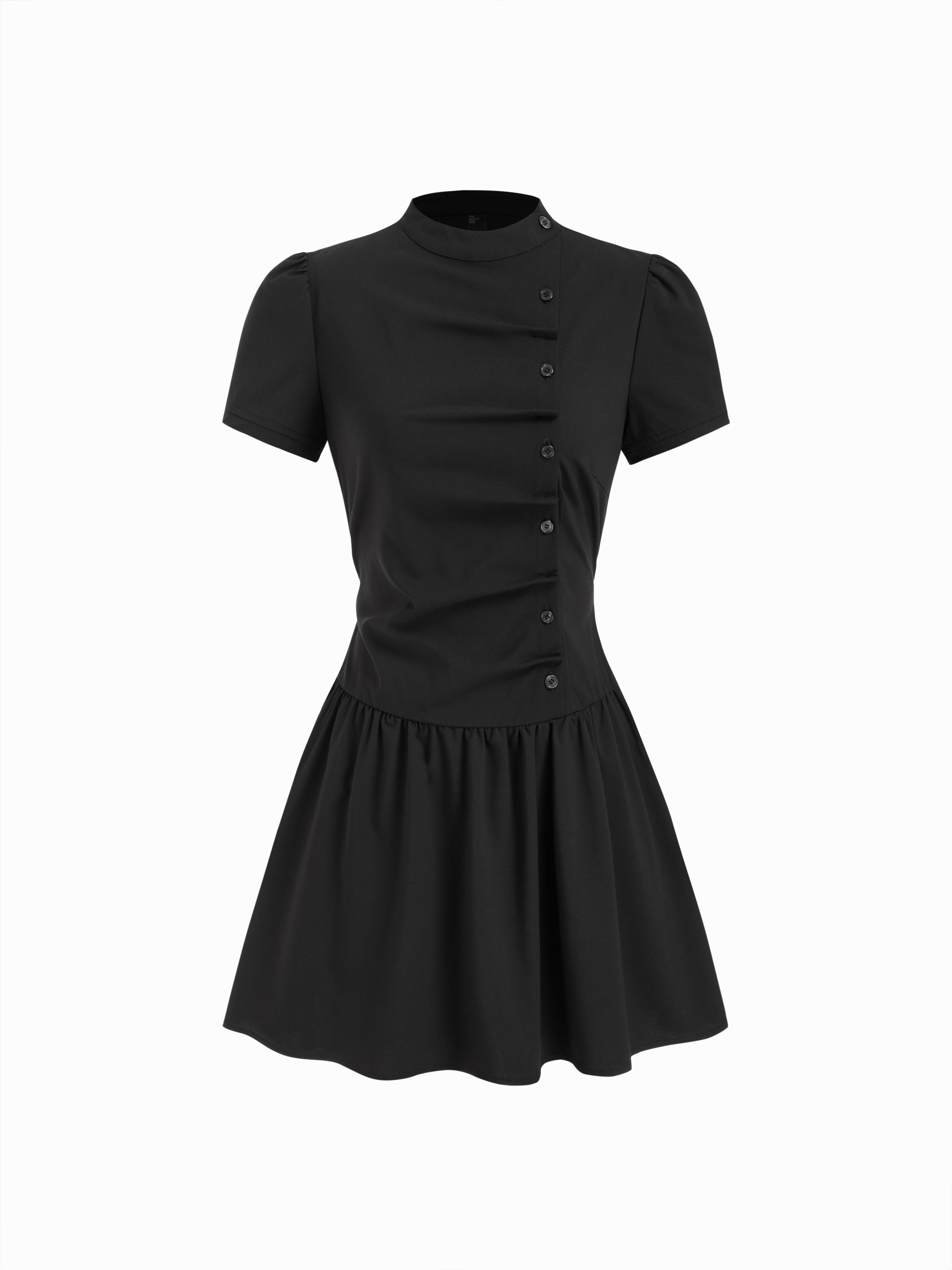 Plaid Stand Collar Puff Sleeve Tie Back Button Mini Dress by CIDER