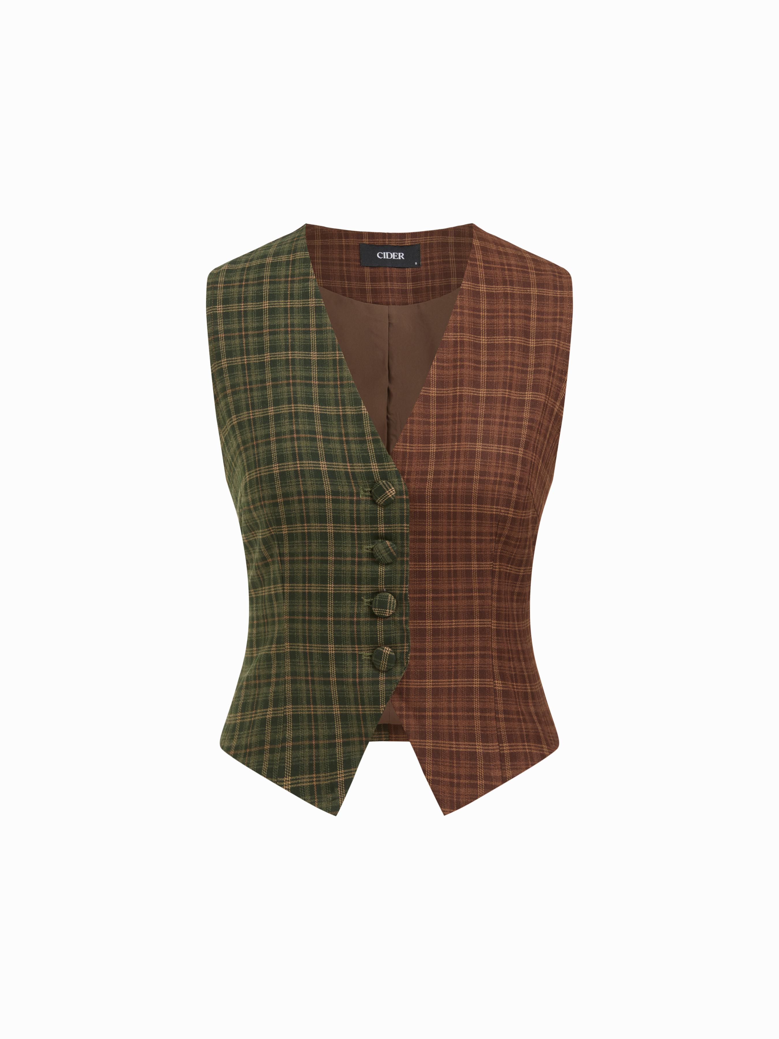 Plaid Two Tone V-neck Button Blazer Vest by CIDER