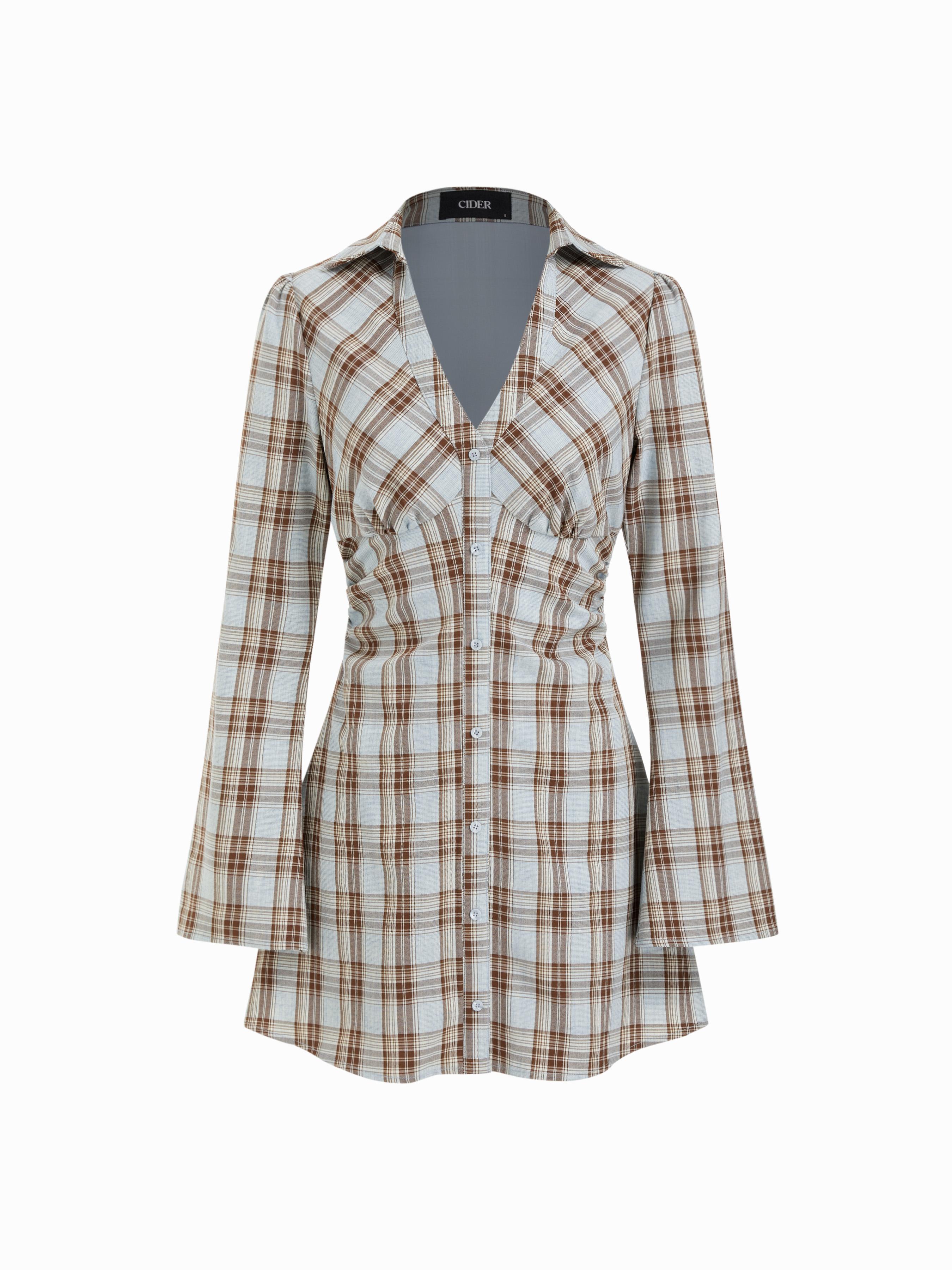 Plaid V-neck Bell Sleeve Shirt Mini Dress by CIDER