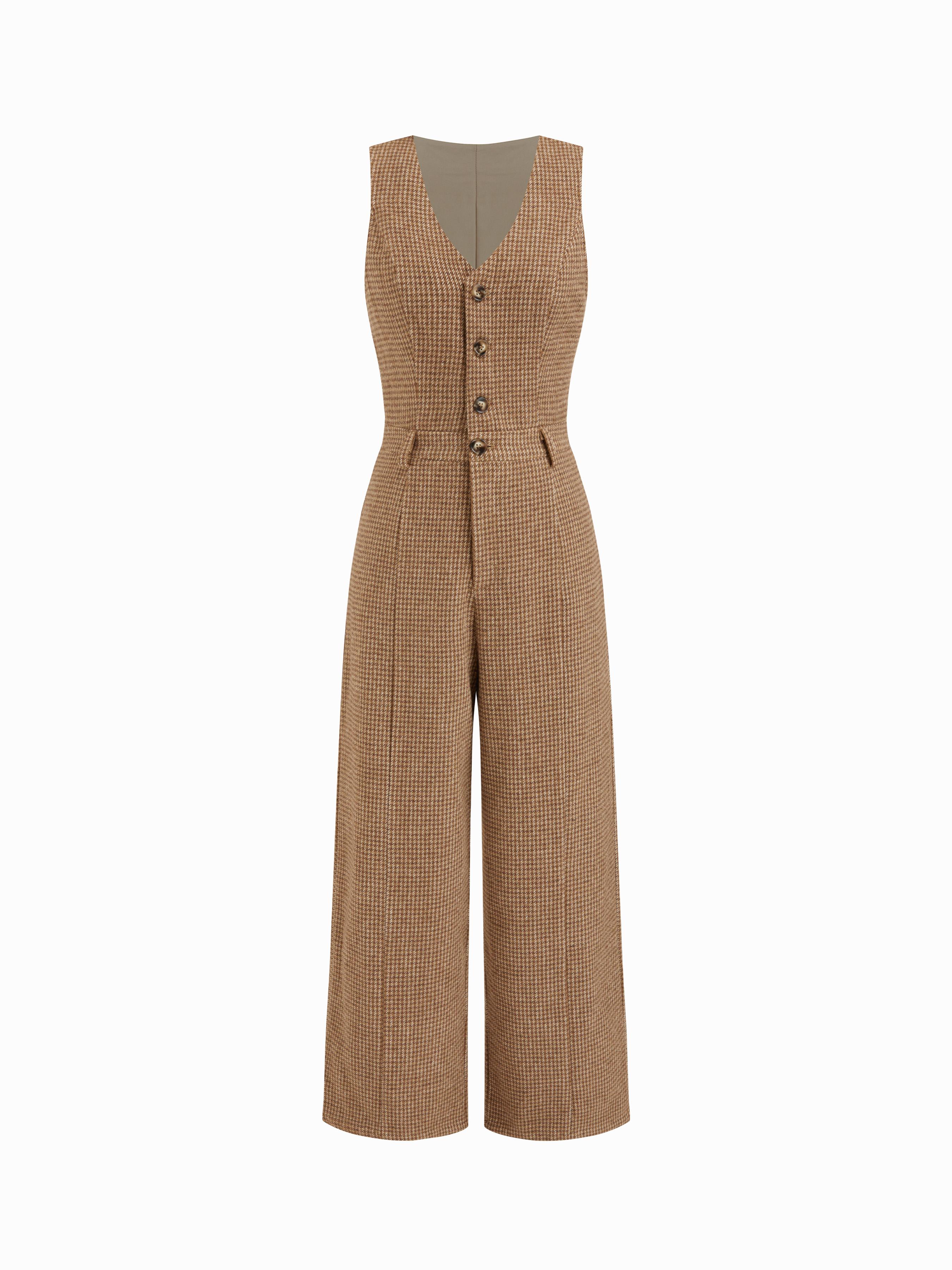Plaid V-neck High Rise Button Wide Leg Jumpsuit by CIDER