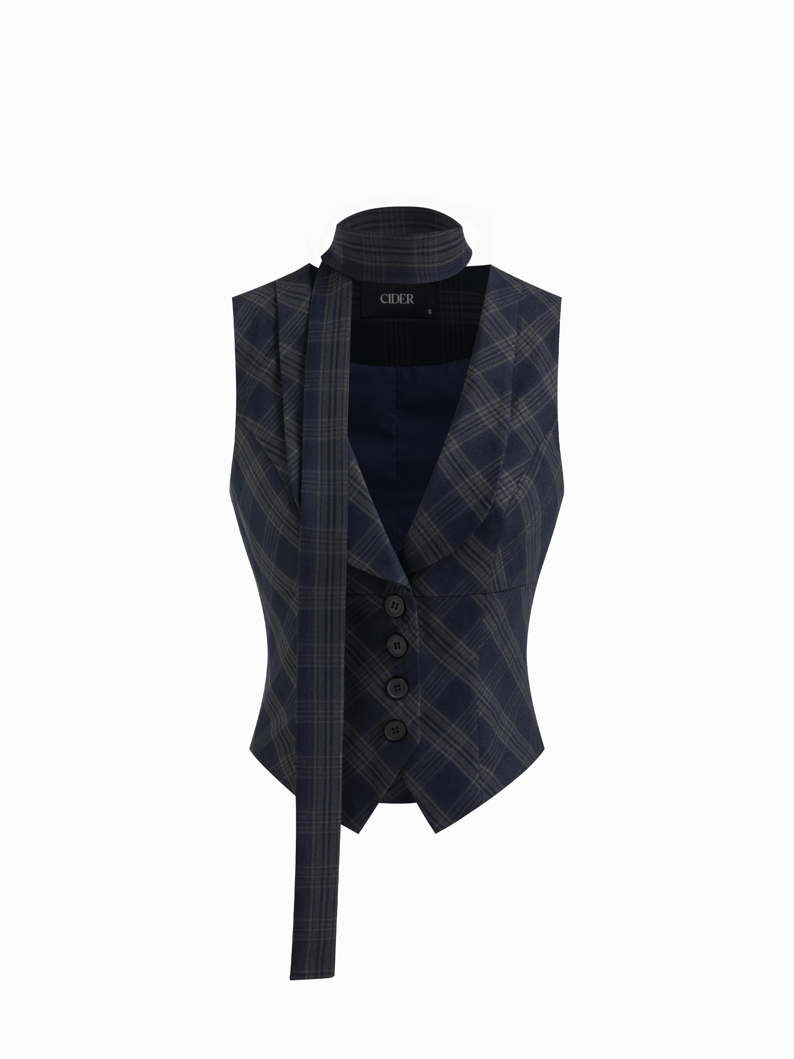 Plaid V-neck Jacket Vest With Scarf by CIDER