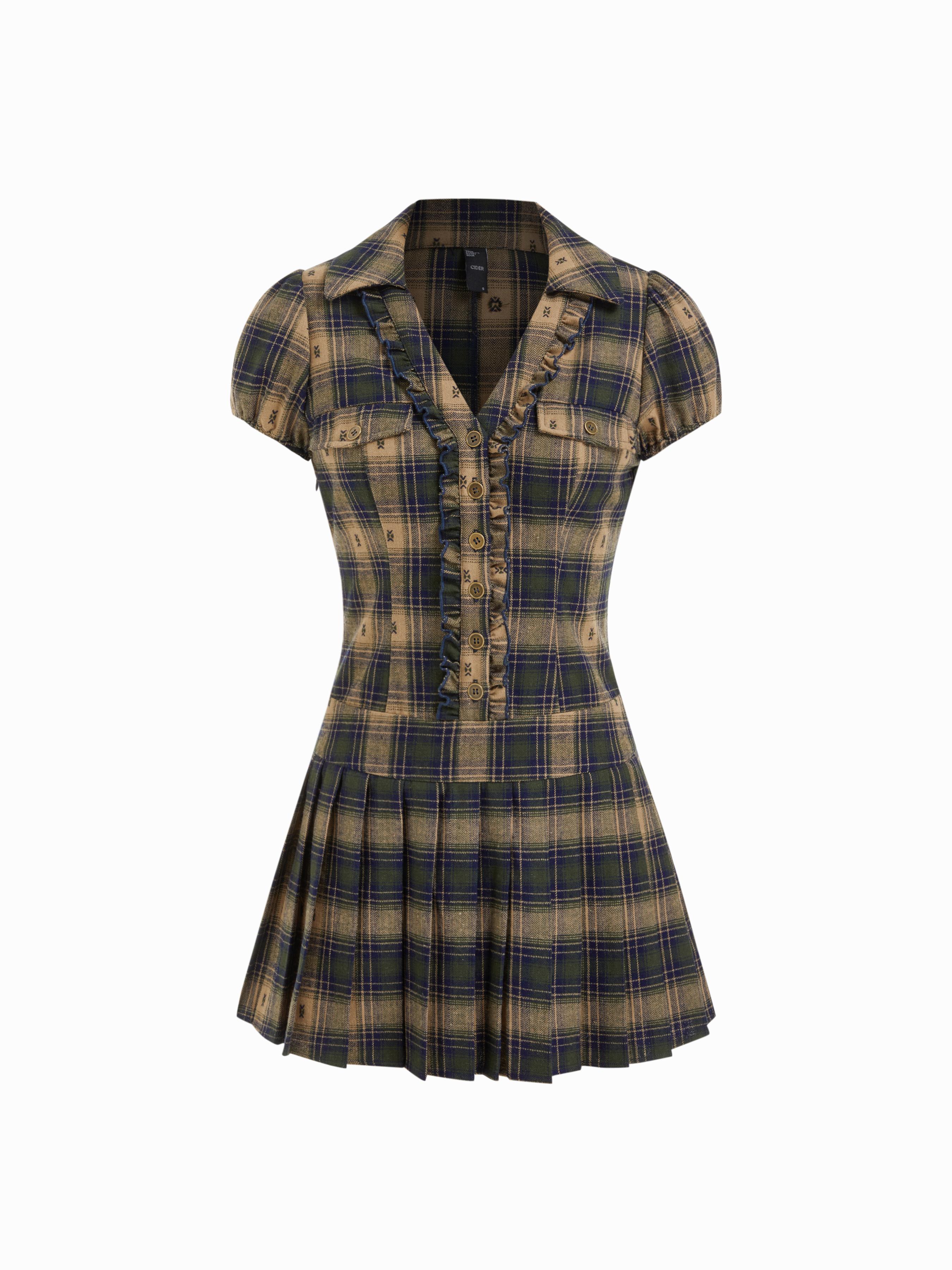 Plaid V-neck Lettuce Trim Pleated Puff Sleeve Mini Dress by CIDER