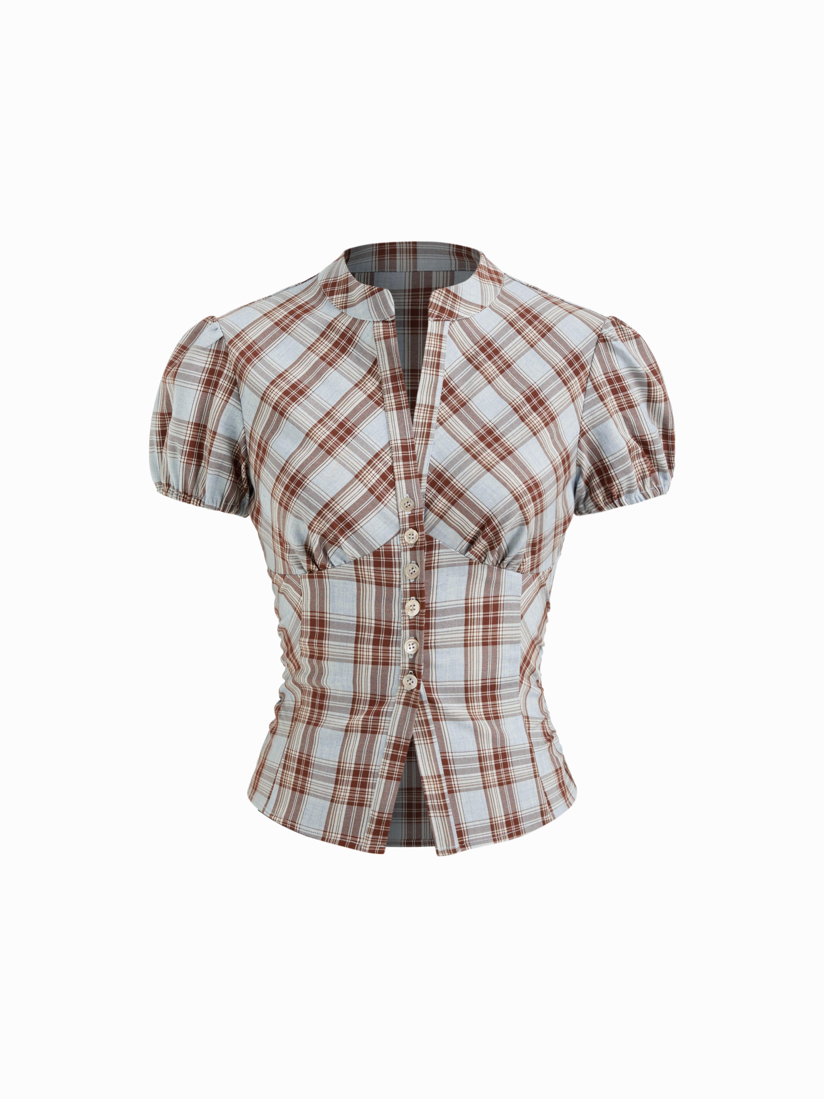 Plaid V-neck Puff Sleeve Split Front Blouse by CIDER