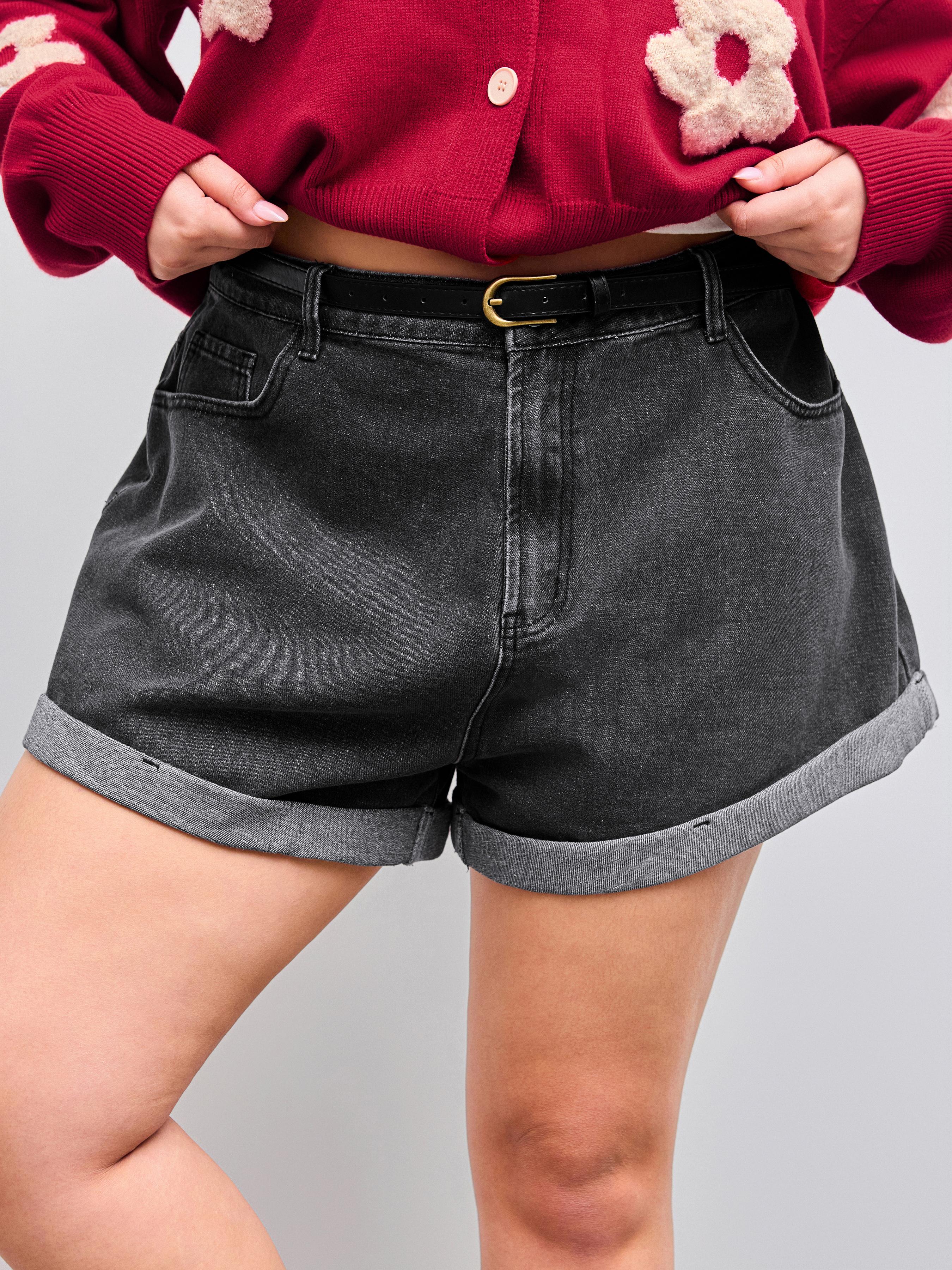 Pocket Denim Shorts With Belt Curve & Plus by CIDER