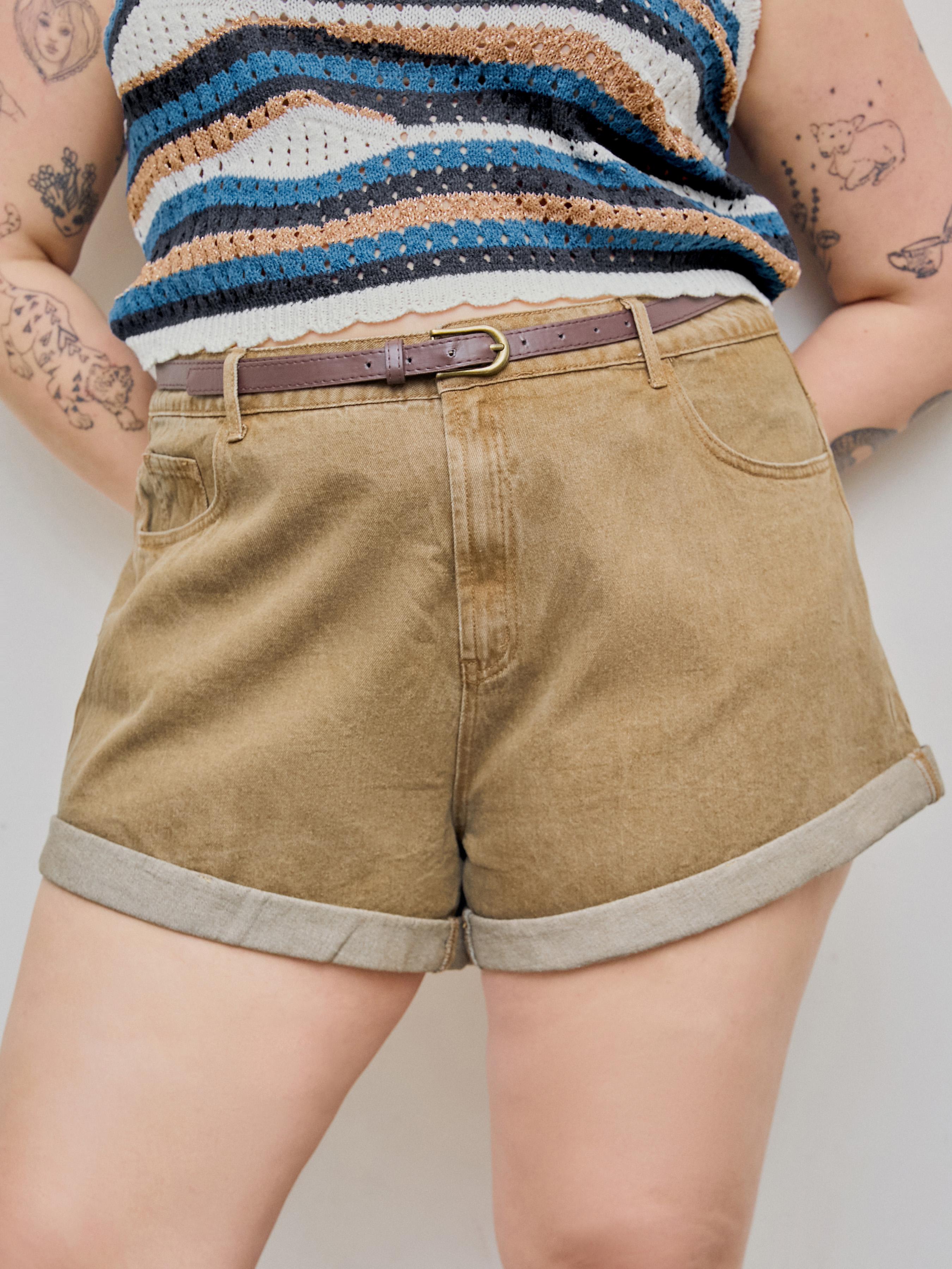 Pocket Denim Shorts With Belt Curve & Plus by CIDER