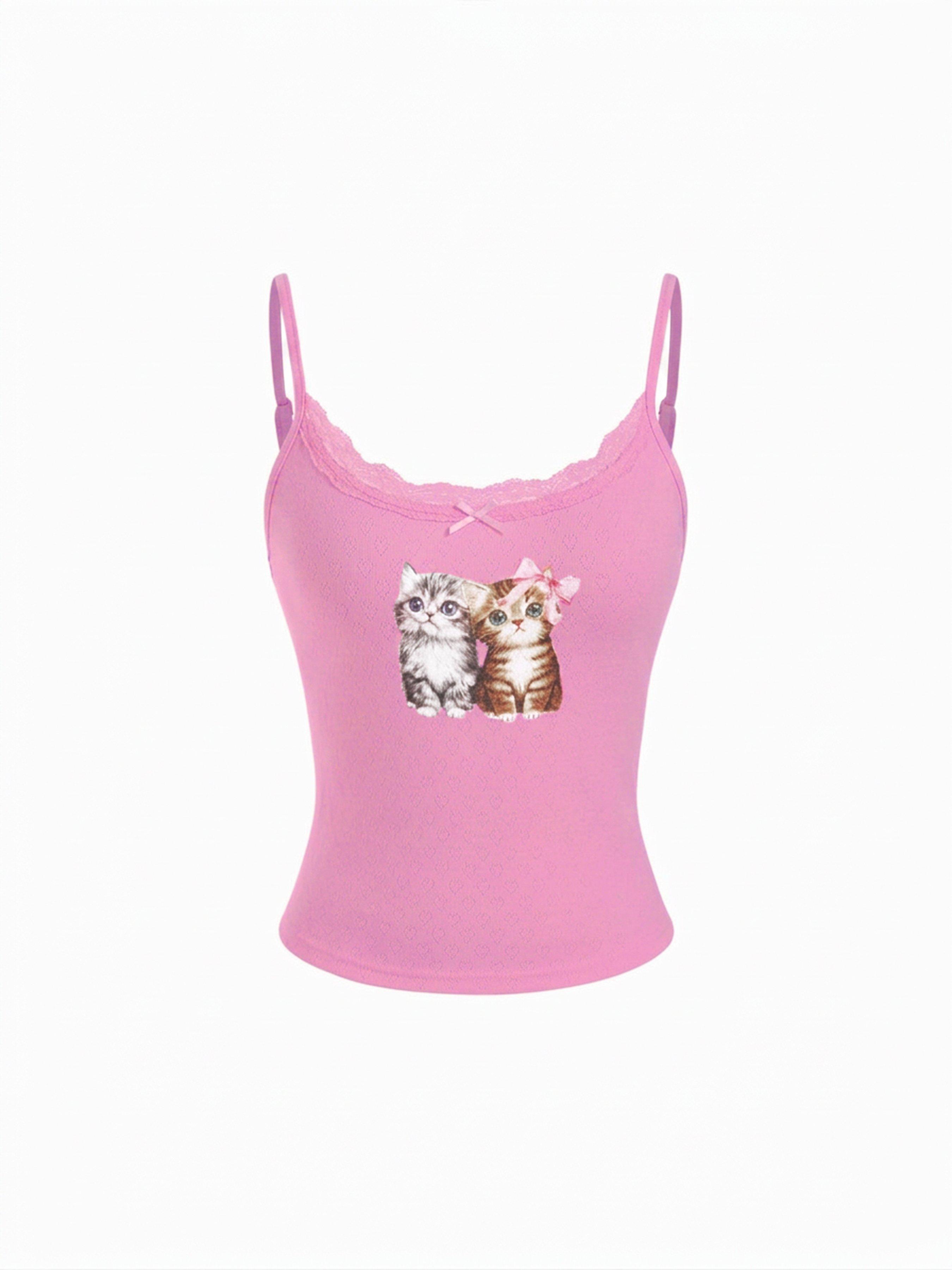 Pointelle Cat Graphic U-neckline Lace Trim Bowknot Cami Top by CIDER