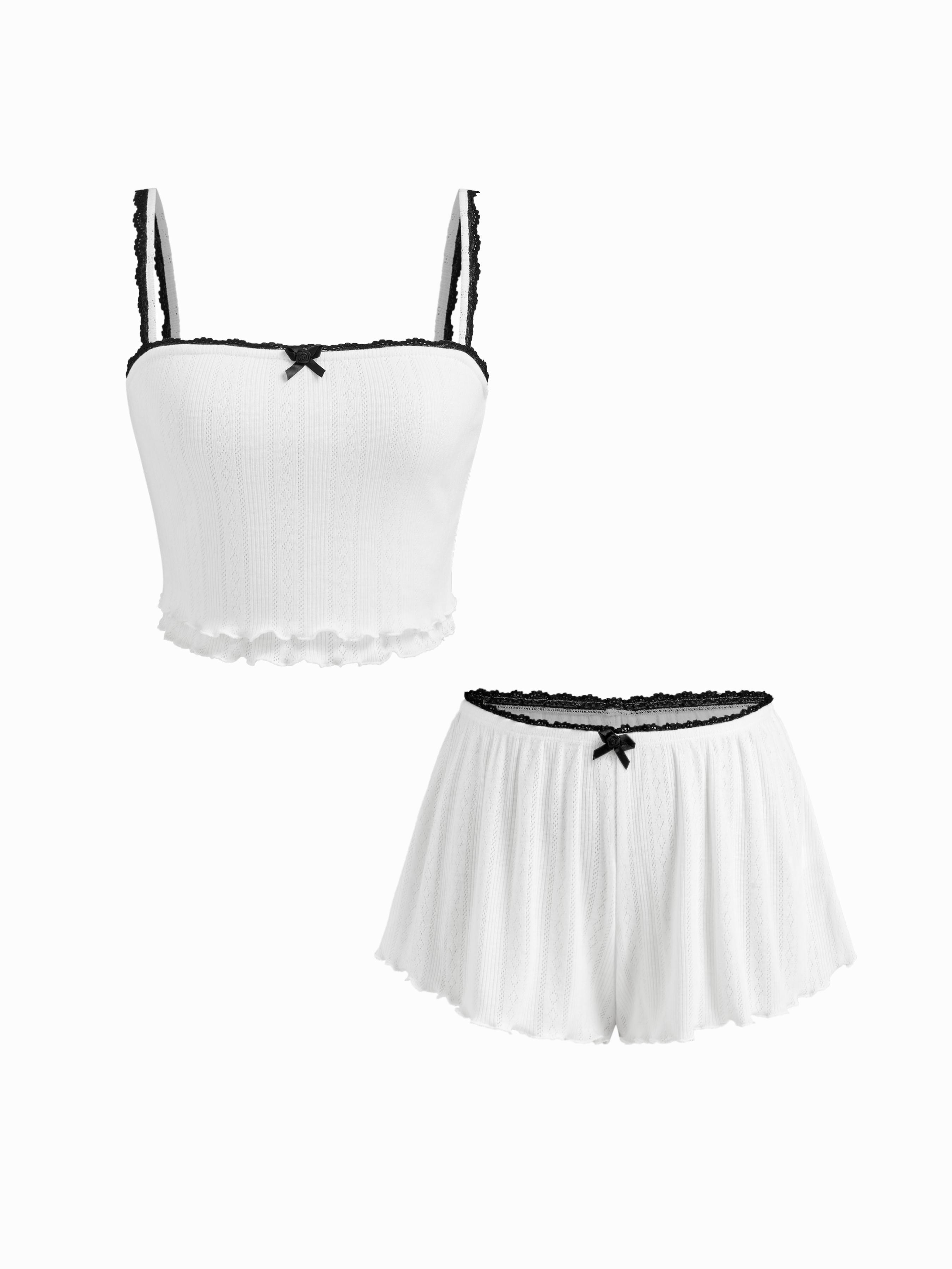 Pointelle Contrasting Binding Lettuce Trim Cami Top & Low Rise Bowknot Shorts Loungewear Set by CIDER