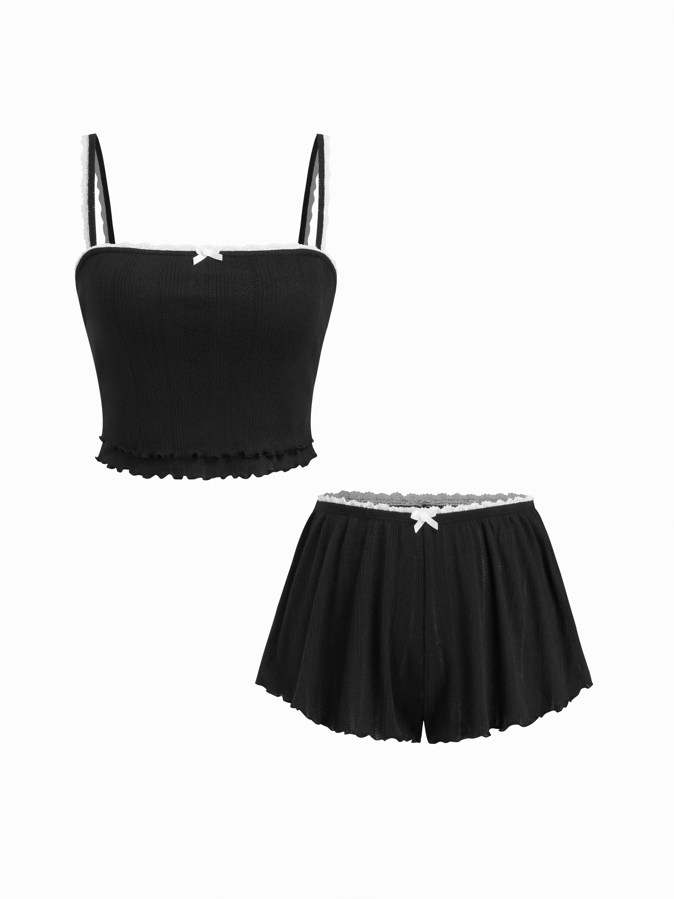 Pointelle Contrasting Binding Lettuce Trim Cami Top & Low Rise Bowknot Shorts Loungewear Set by CIDER