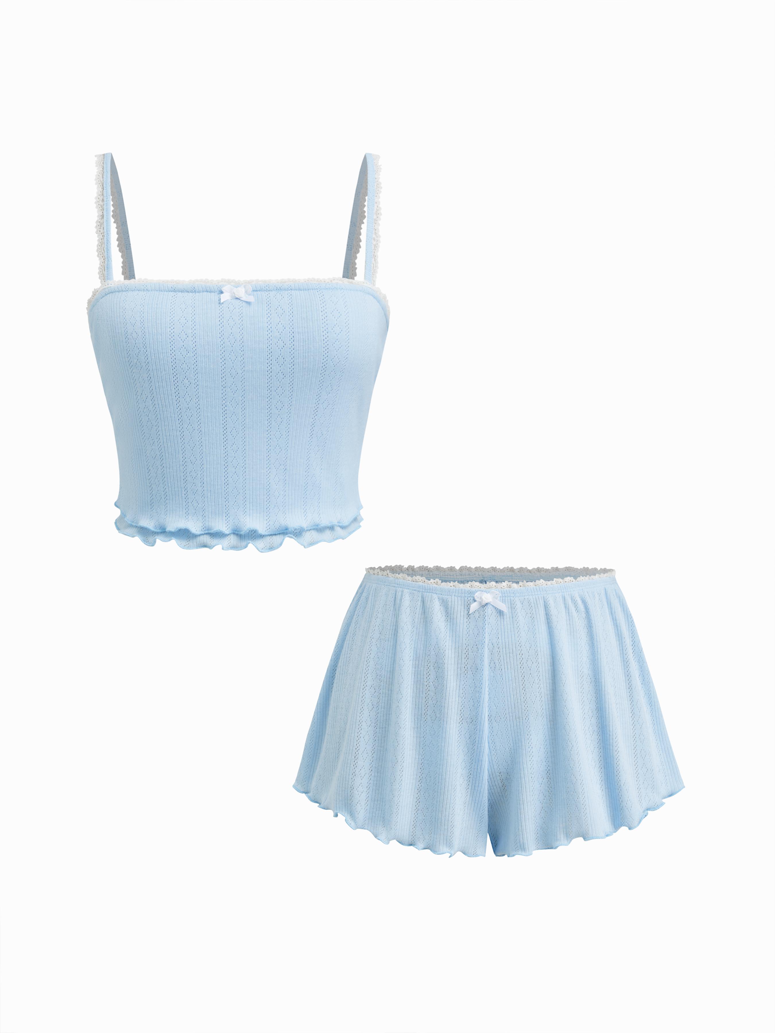 Pointelle Contrasting Binding Lettuce Trim Cami Top & Low Rise Bowknot Shorts Loungewear Set by CIDER
