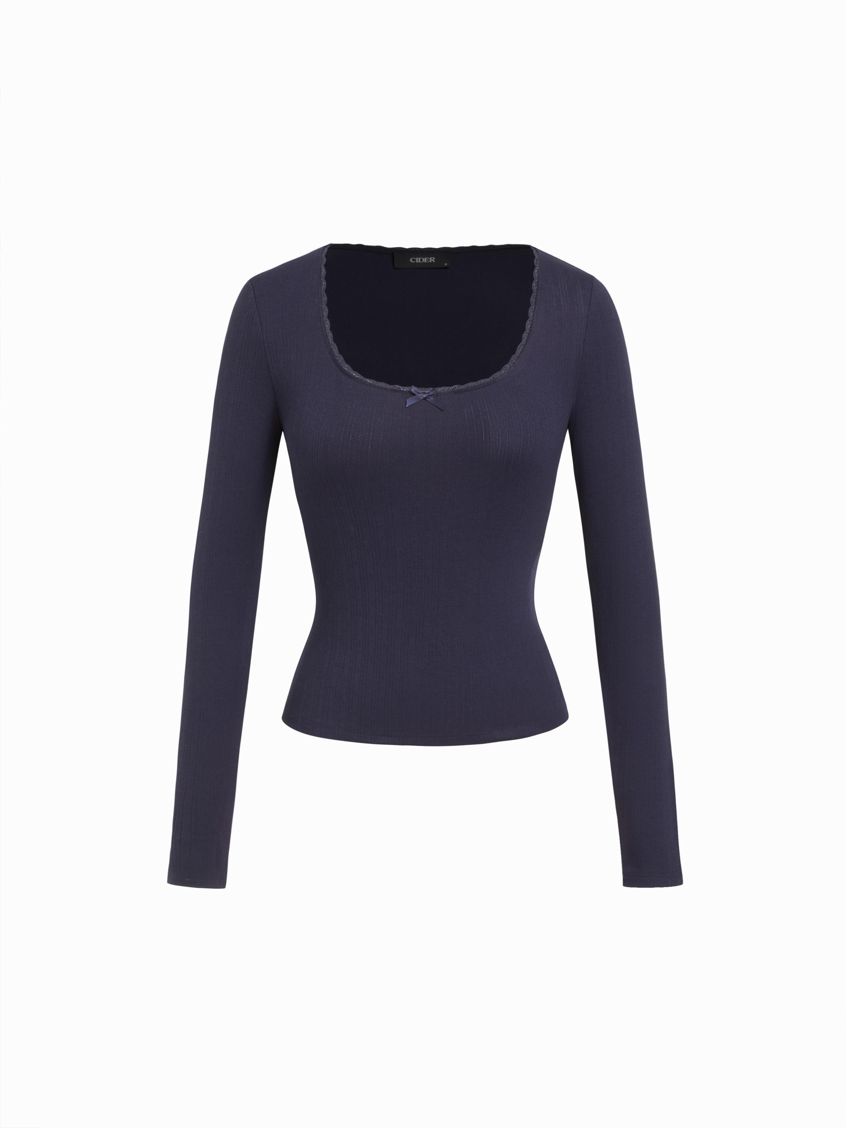 Pointelle U-neckline Bowknot Lace Tee by CIDER