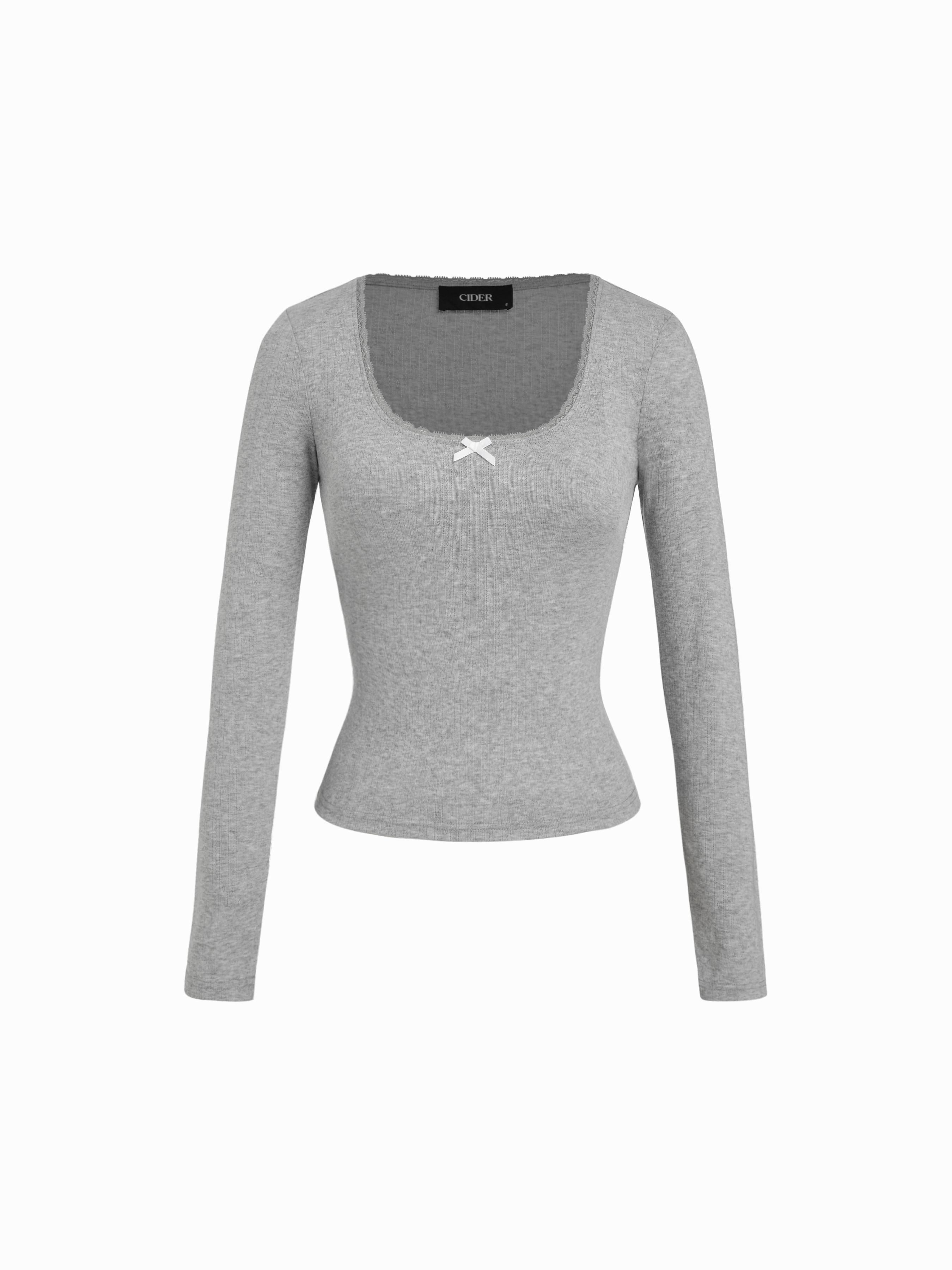 Pointelle U-neckline Bowknot Lace Tee by CIDER