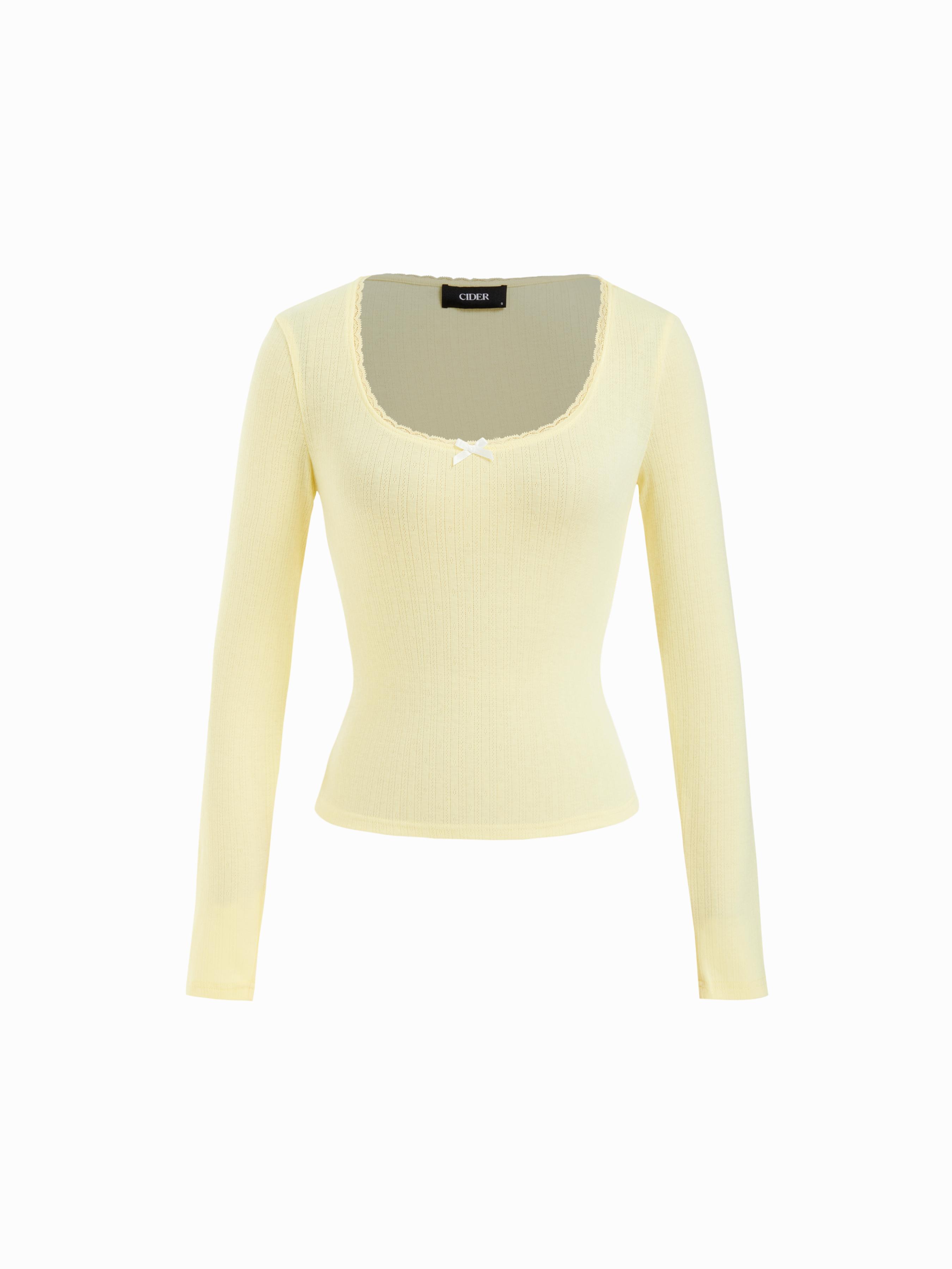 Pointelle U-neckline Bowknot Lace Tee by CIDER