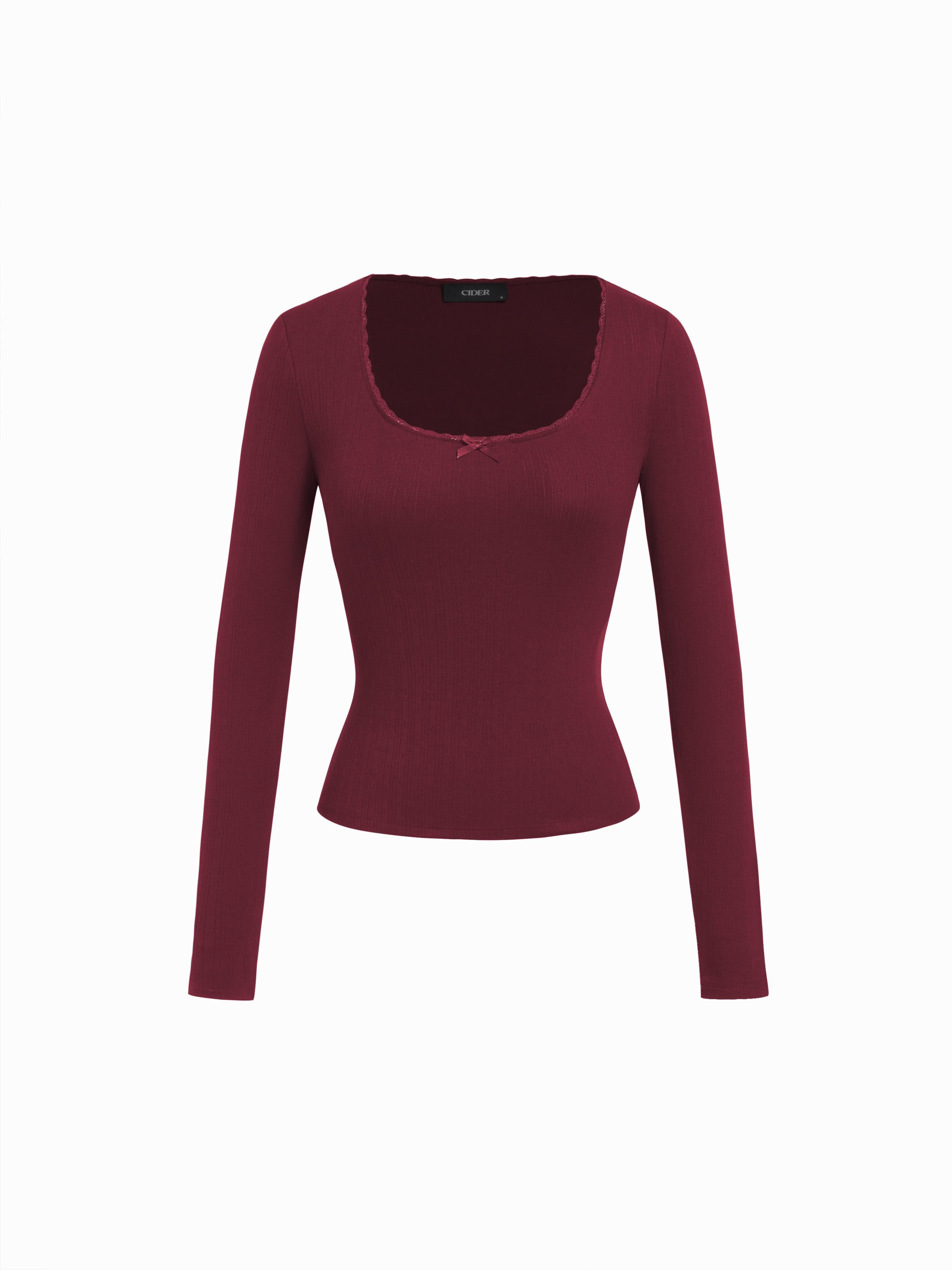 Pointelle U-neckline Bowknot Lace Tee by CIDER