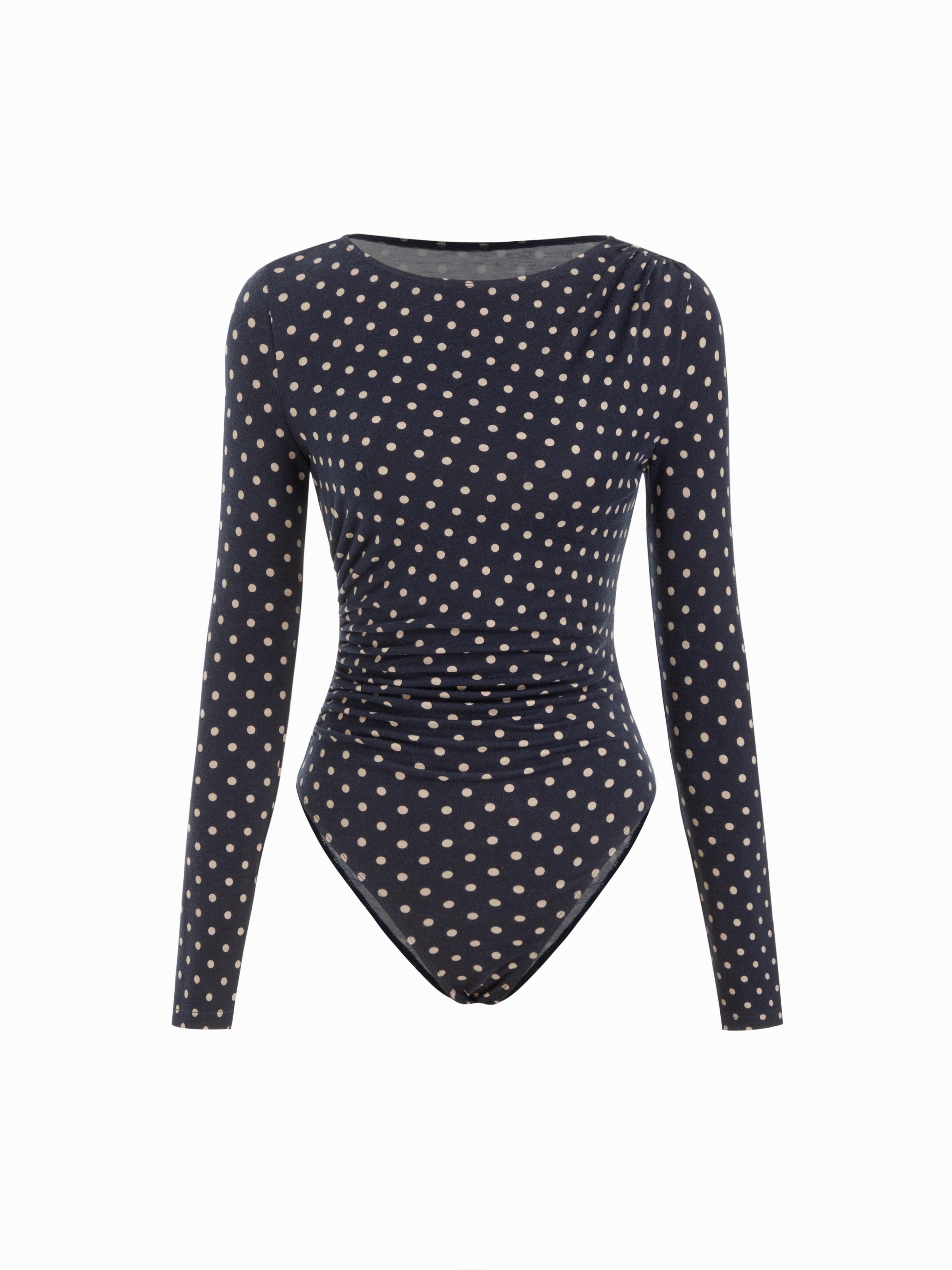 Polka Dot Boat Neck Long Sleeve Ruched Bodysuit by CIDER