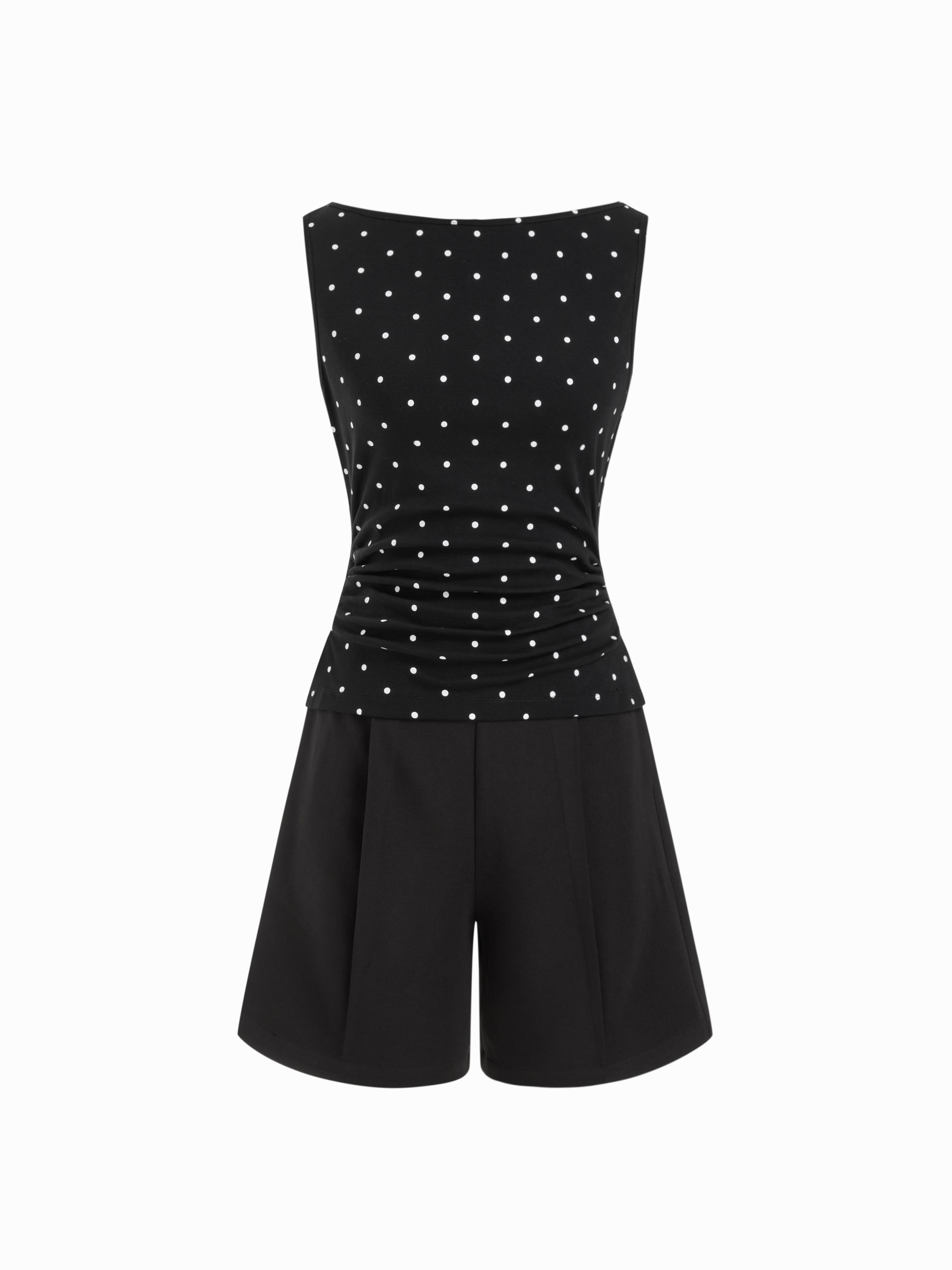 Polka Dot Boat Neck Ruched Mid Rise Romper by CIDER