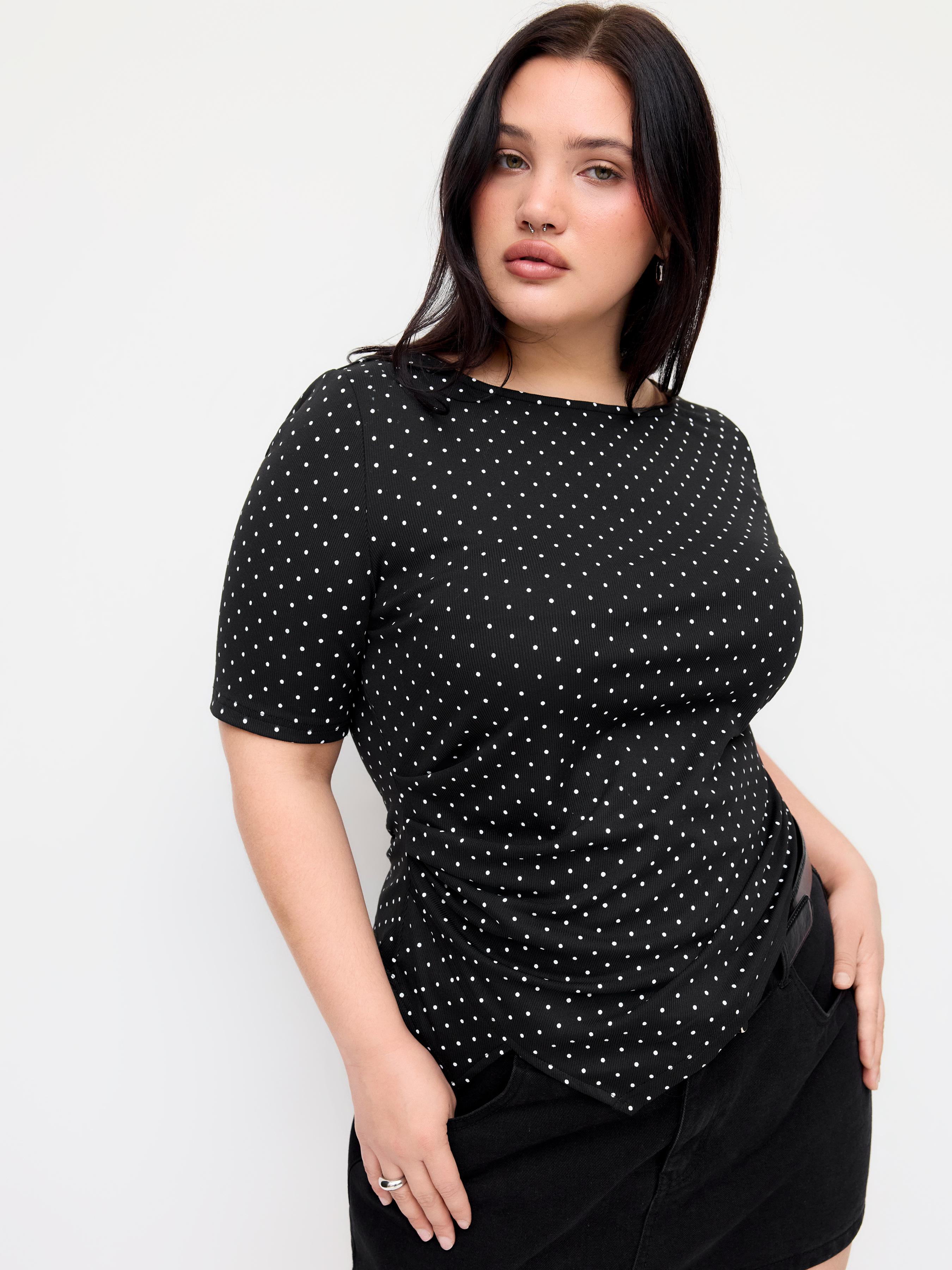 Polka Dot Boat Neck Ruched Top Curve & Plus by CIDER