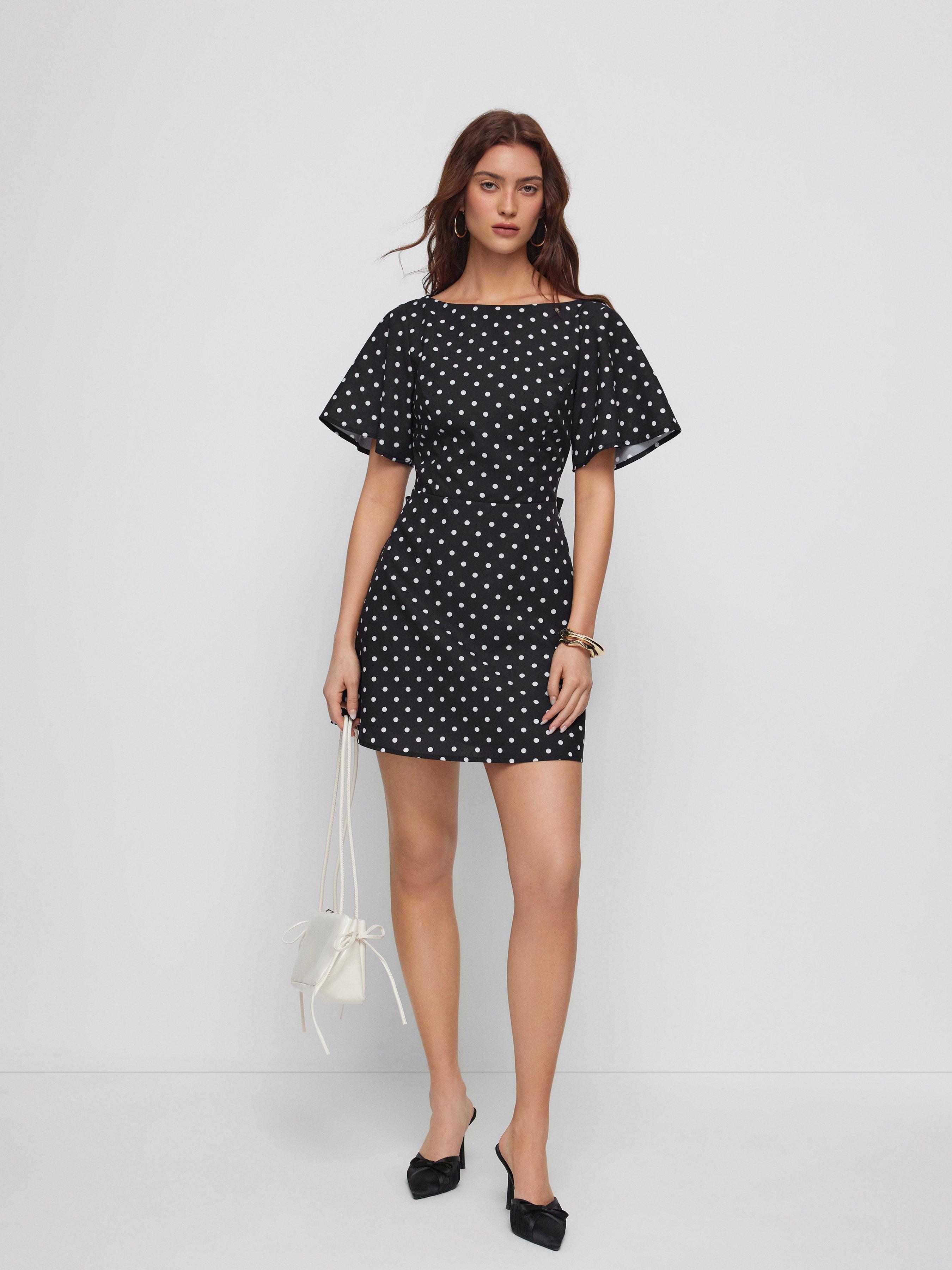 Polka Dot Boat Neck Ruffle Sleeve Knotted A-line Mini Dress by CIDER
